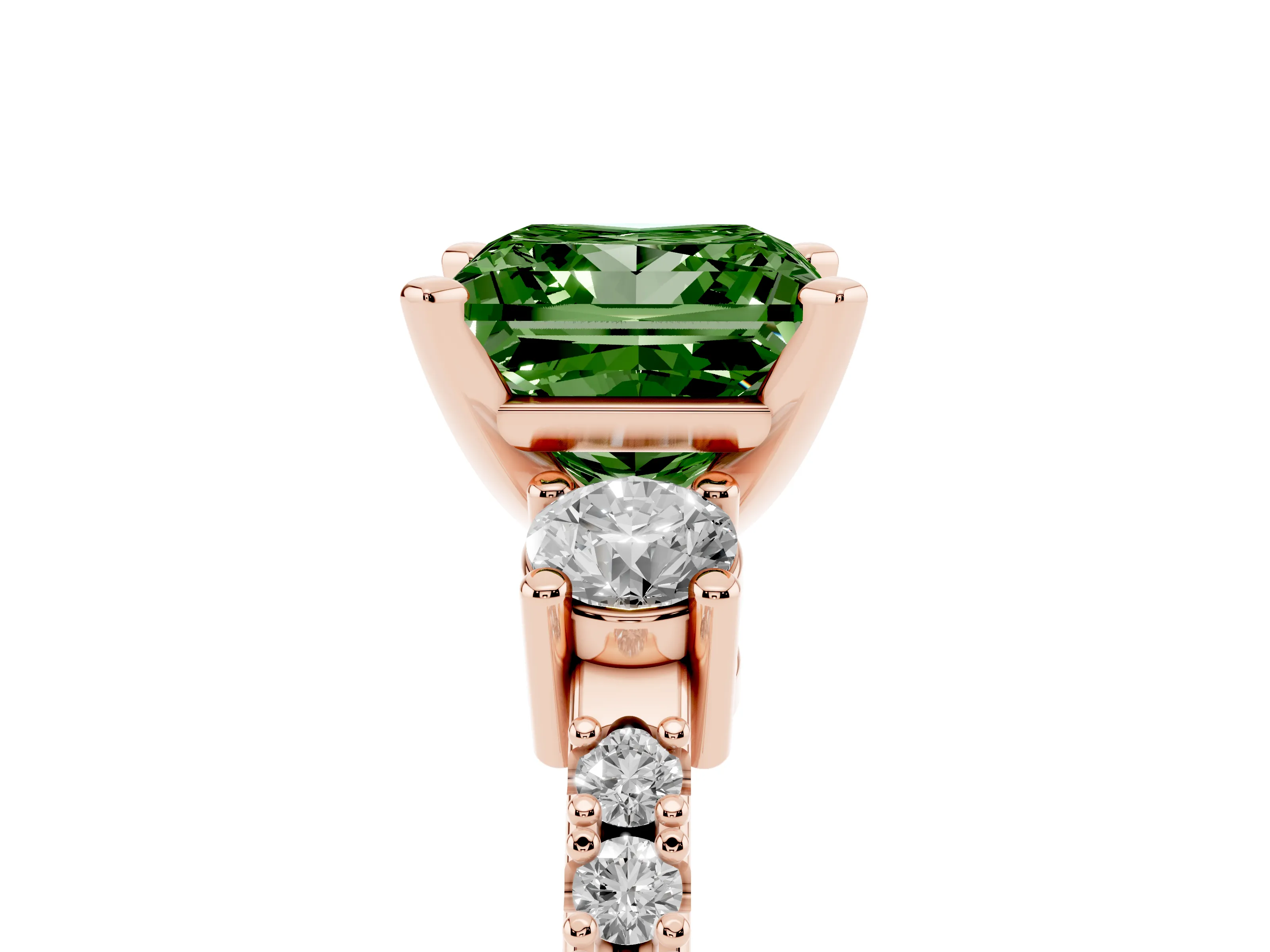 Fancy Green Three-Stone Princess Cut Diamond Pavé Band Ring Set in Rose gold with Prong Setting