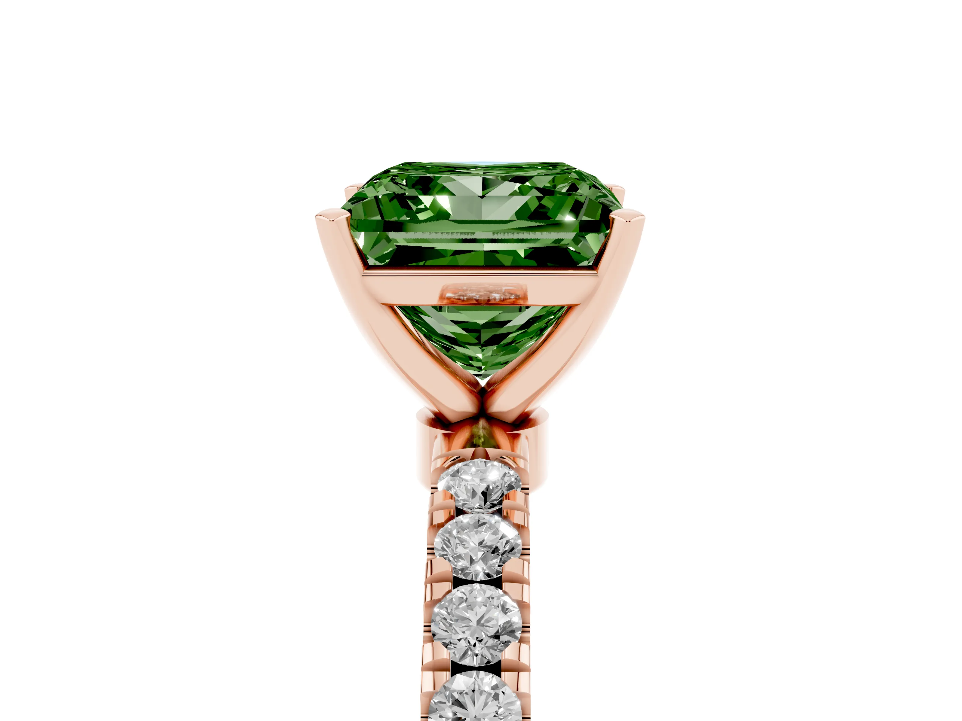 Fancy Green Princess Cut Diamond Solitaire Ring Set in Rose gold with Pavé Accents and Prong Setting