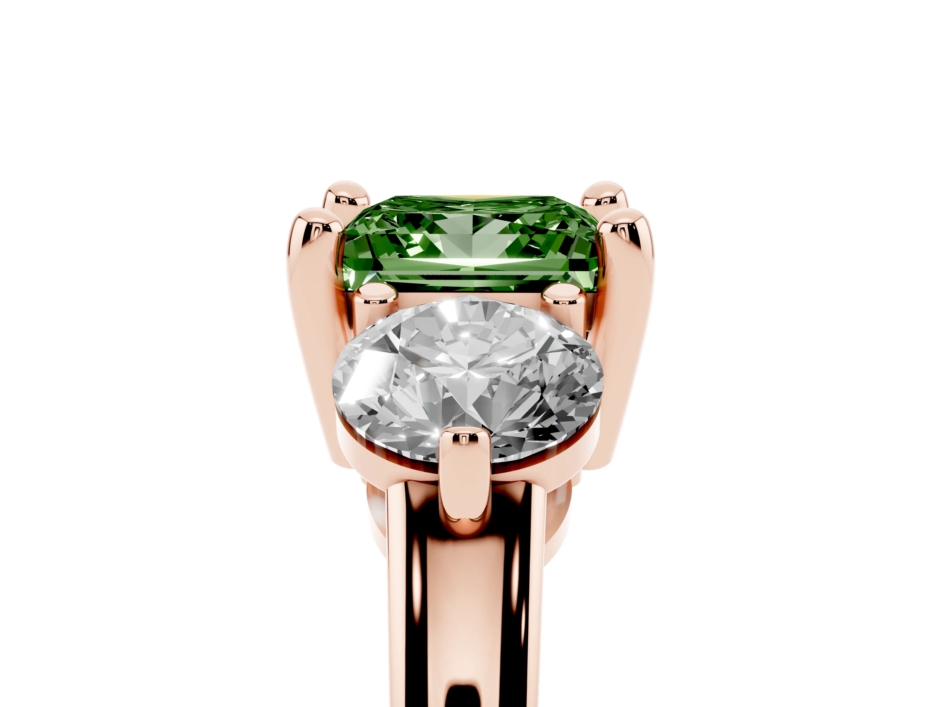 Fancy Green Princess Cut Diamond Three-Stone Ring Set in Rose gold with Prong Setting and Classic Band