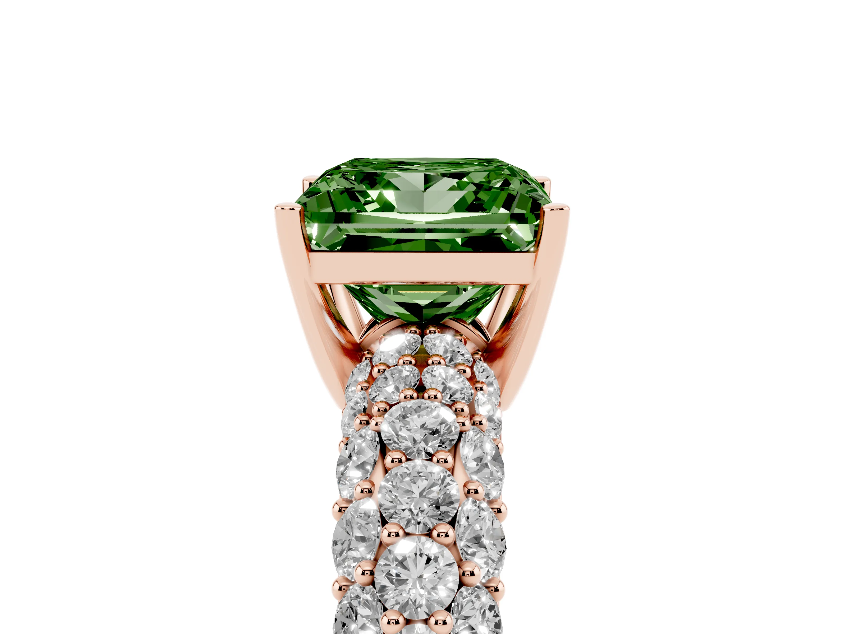 Fancy Green Princess Cut Diamond Pavé Band Solitaire Ring Set in Rose gold with Close-Set Accent Stones and Prong Setting