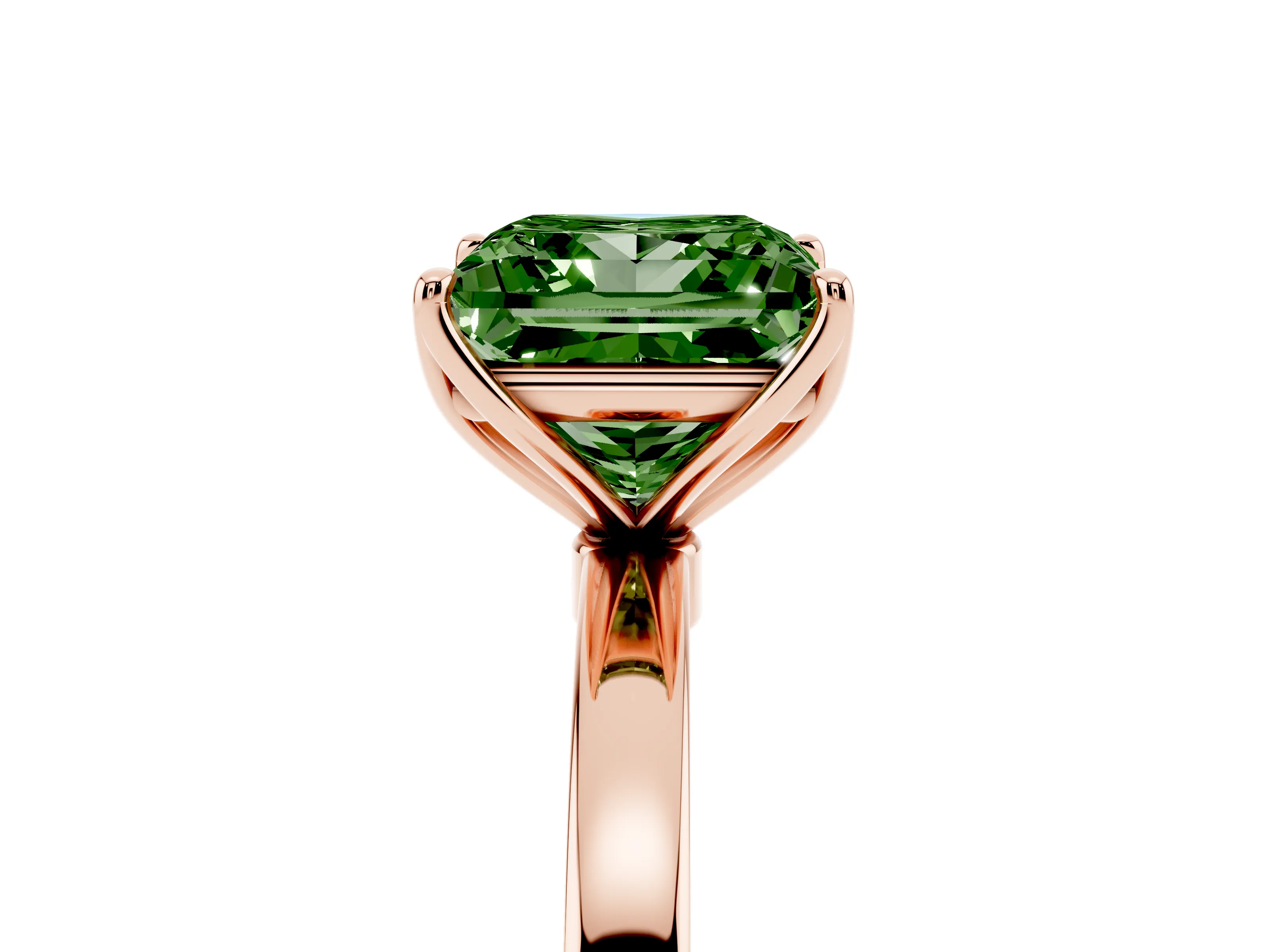Fancy Green Princess Cut Diamond Solitaire Ring Set in Rose gold with Prong Setting and Thin Polished Band