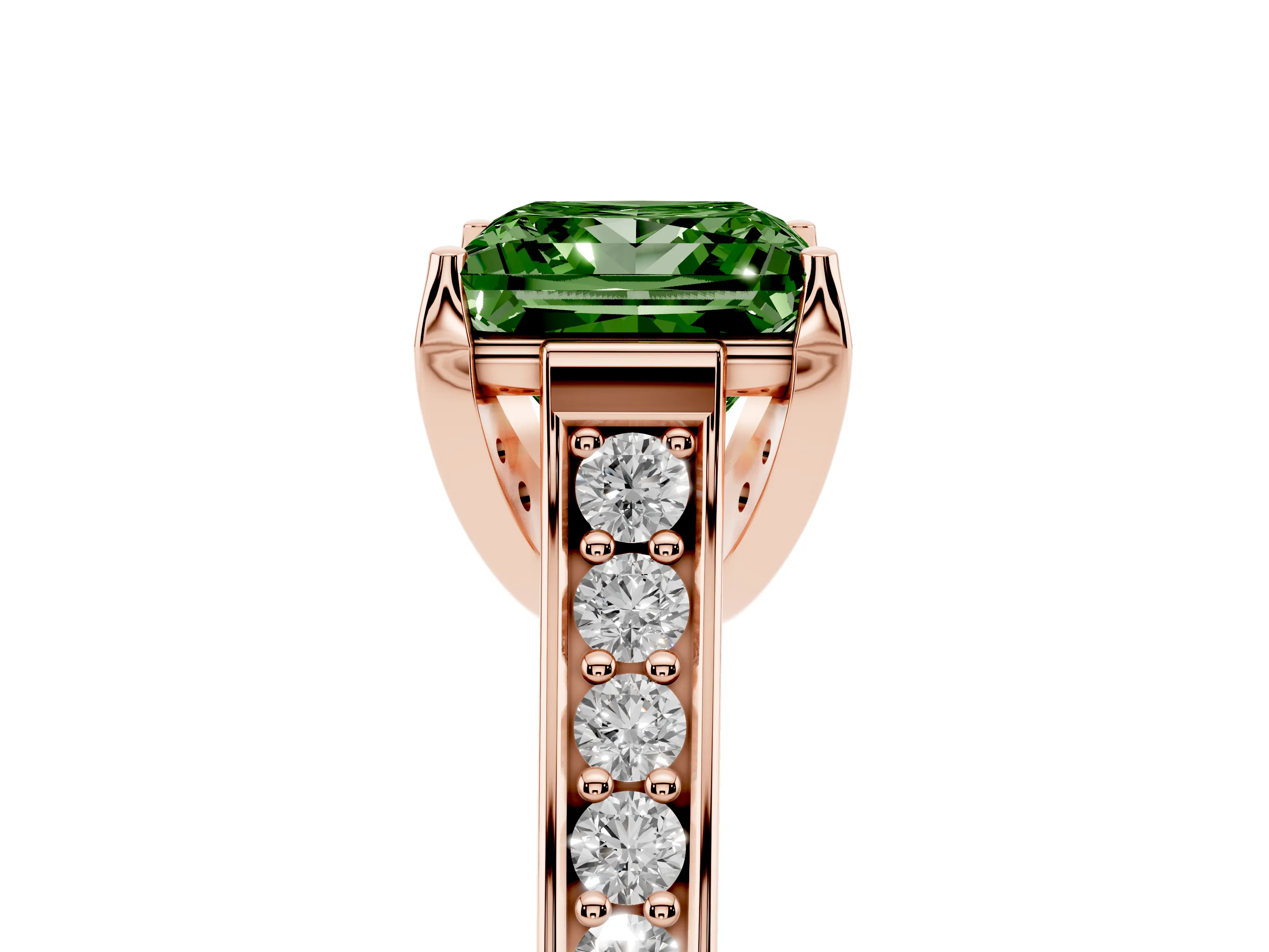 Fancy Green Princess Cut Diamond Solitaire Pavé Engagement Ring Set in Rose gold with Prong Setting