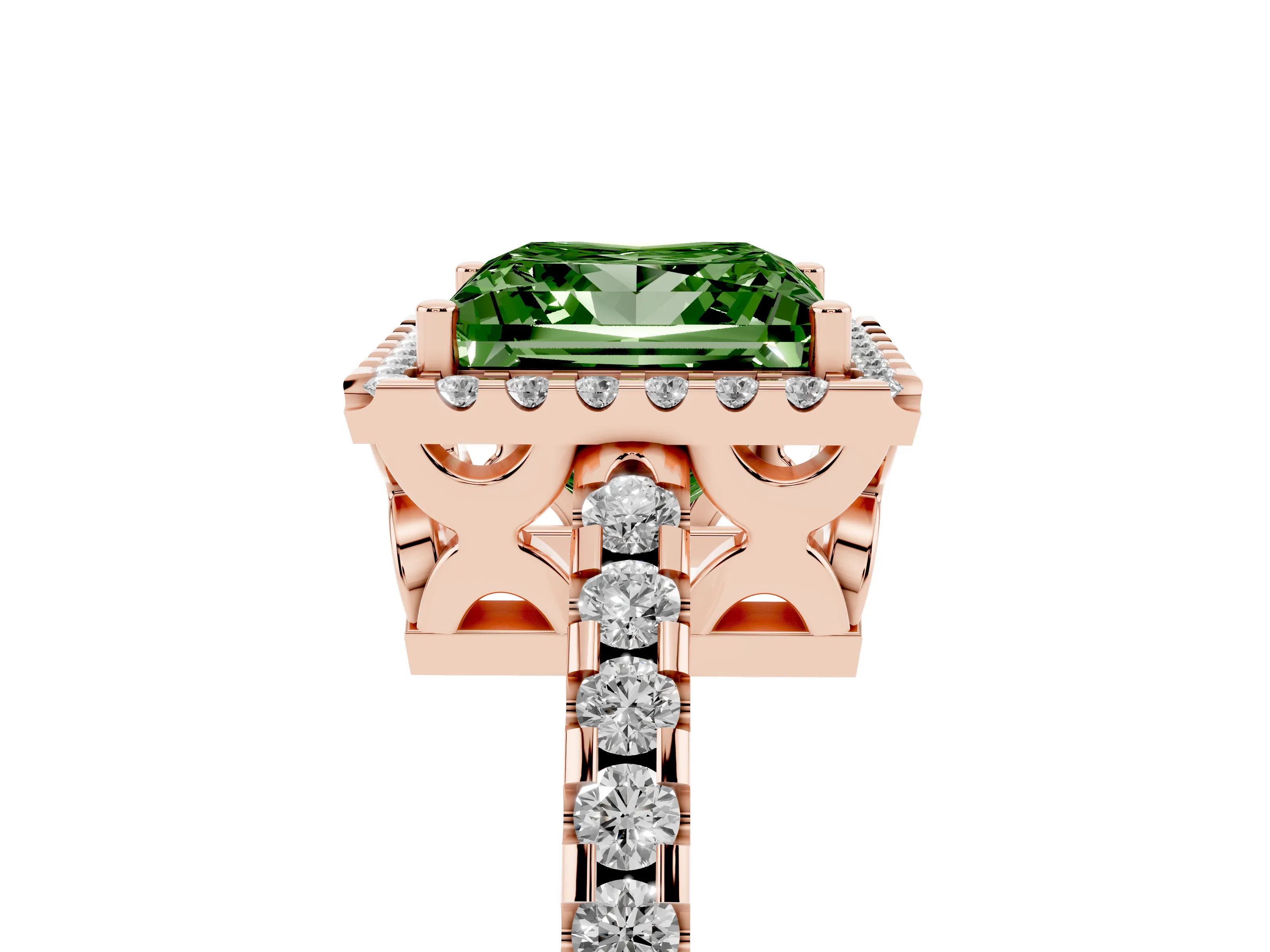 Fancy Green Princess Cut Diamond Halo Ring Set in Rose gold with Pavé Shoulders and Halo-Framed Center