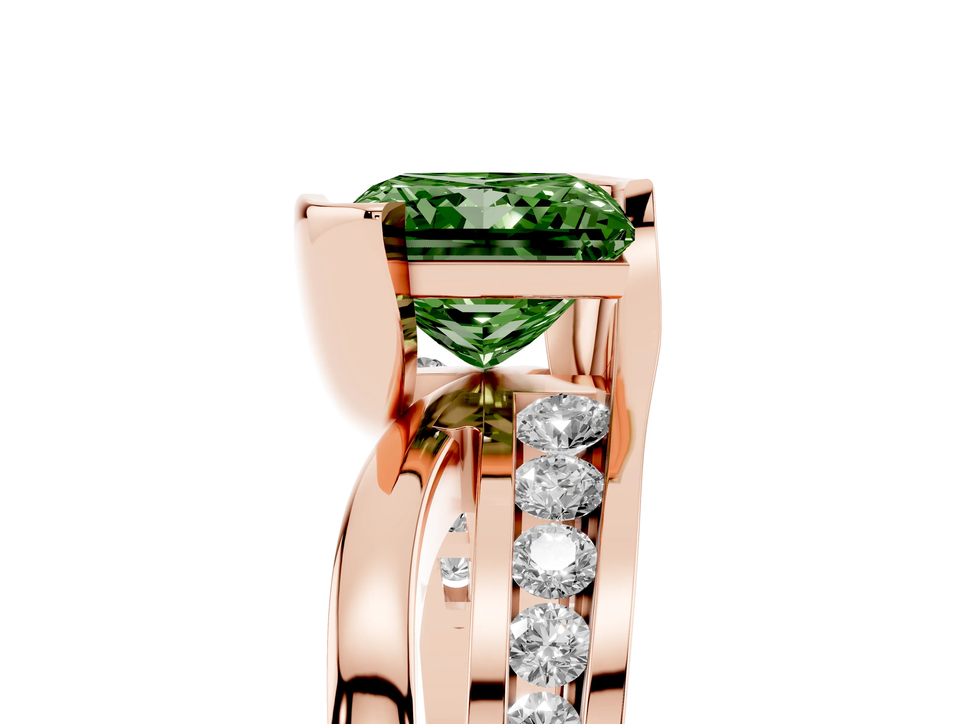 Fancy Green Princess Cut Diamond Solitaire Ring Set in Rose gold with Channel Set Split Shank and Tension Prongs