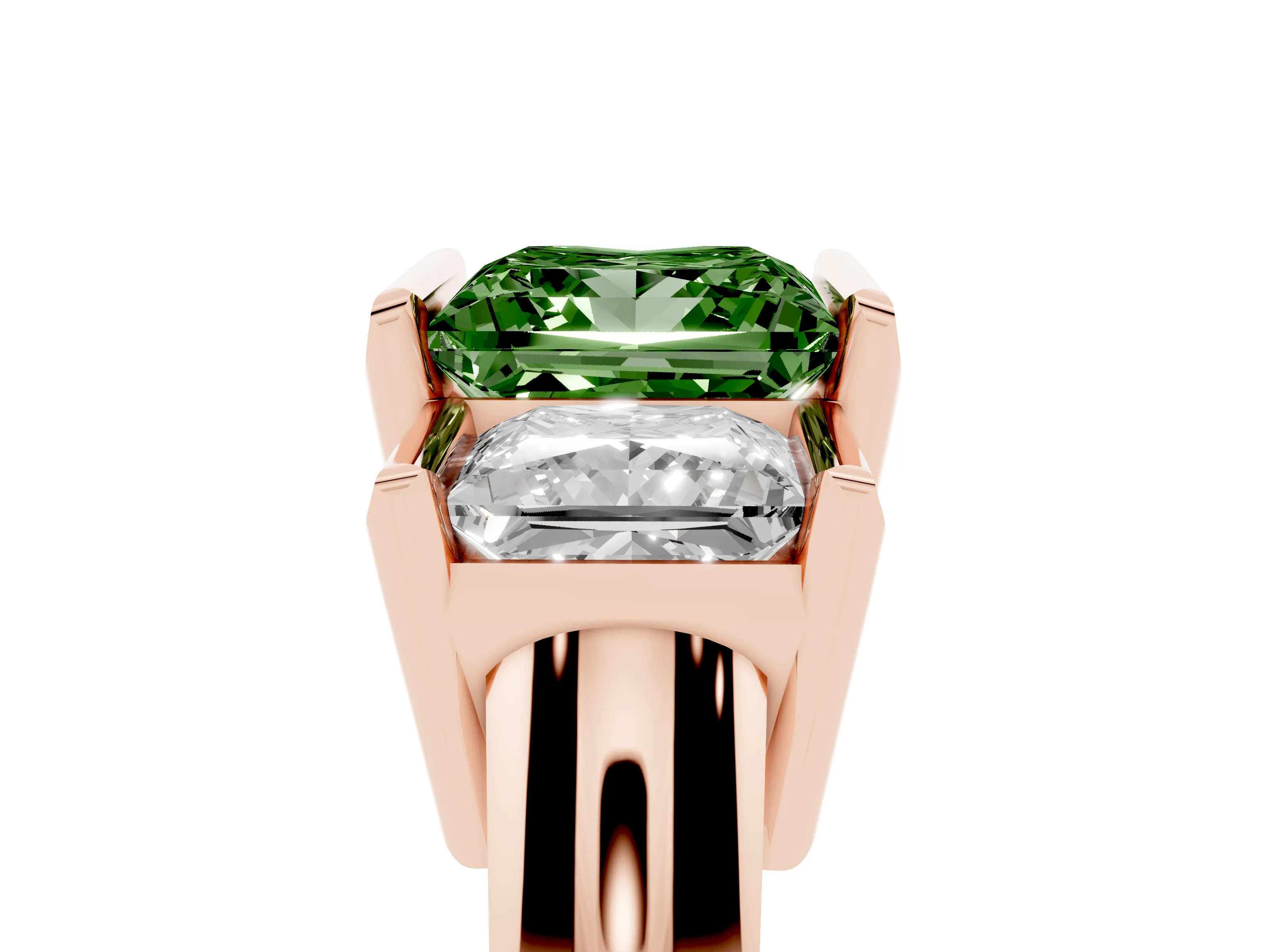 Fancy Green Princess Cut Diamond Three-Stone Channel Set Ring Set in Rose gold with Smooth Polished Band