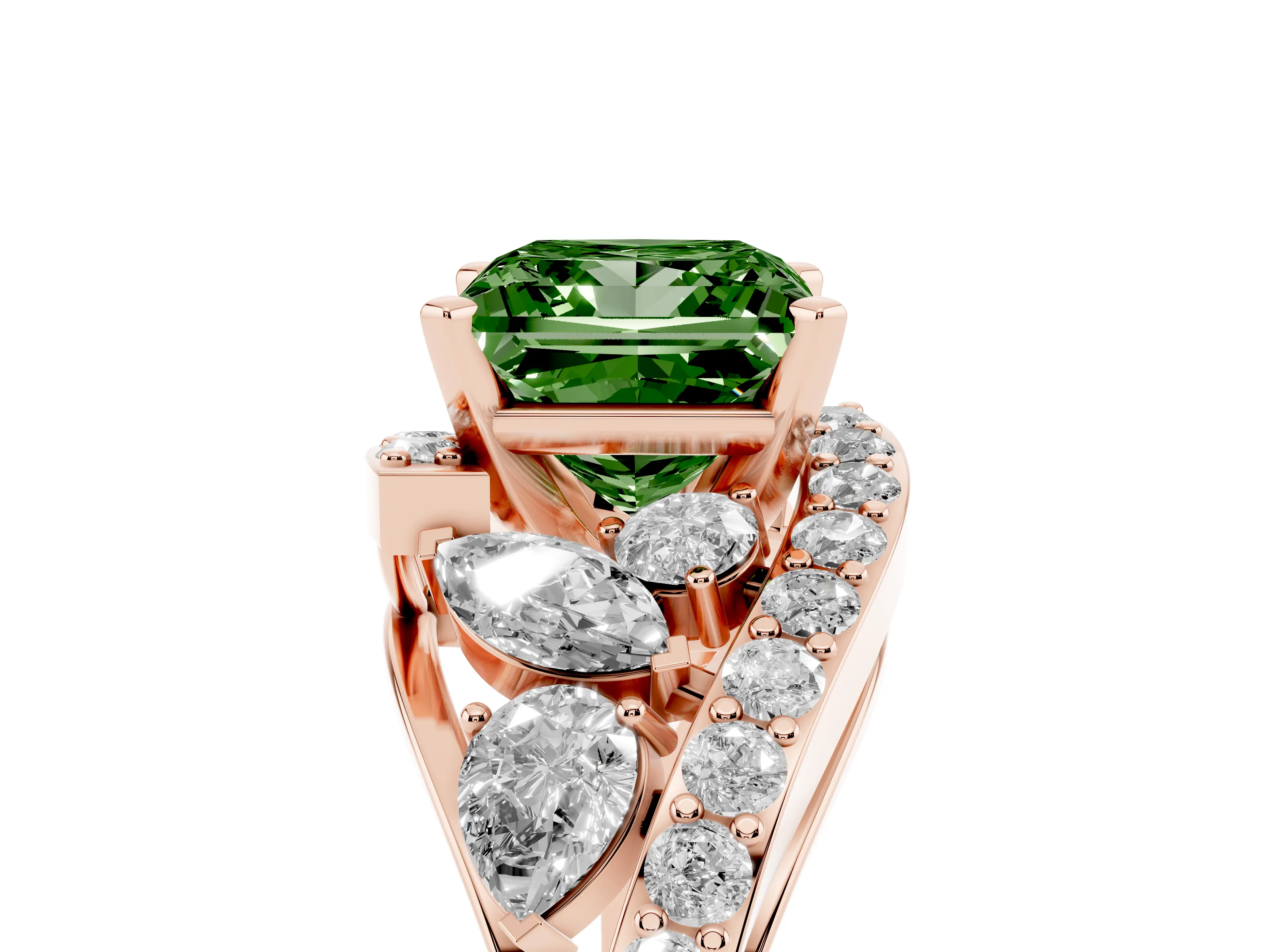 Fancy Green Princess Cut Diamond Halo Ring Set in Rose gold with Marquise and Pavé Band in Prong Setting