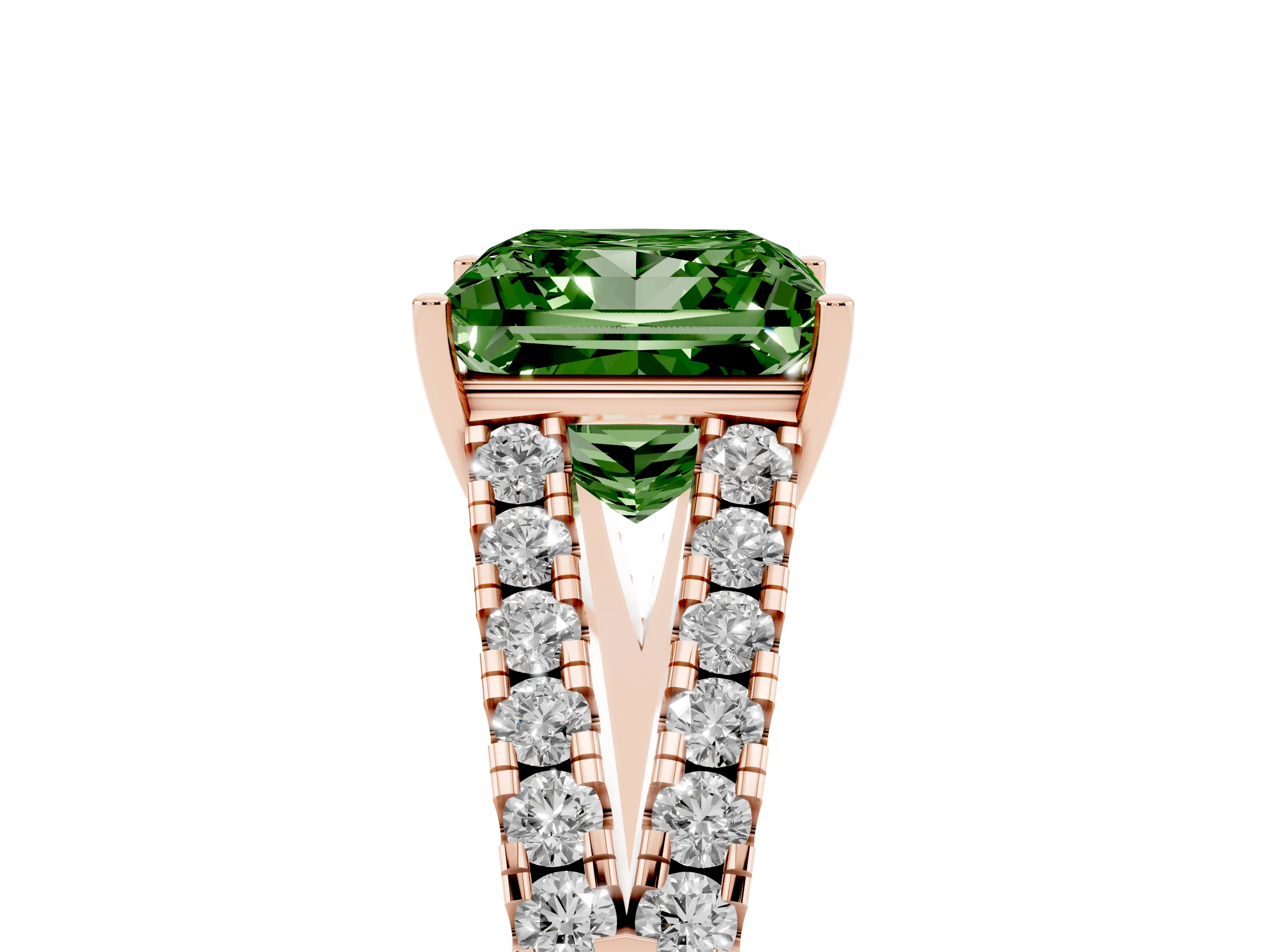 Fancy Green Princess Cut Diamond Split Shank Pavé Engagement Ring Set in Rose gold with Prong-Held Center Stone