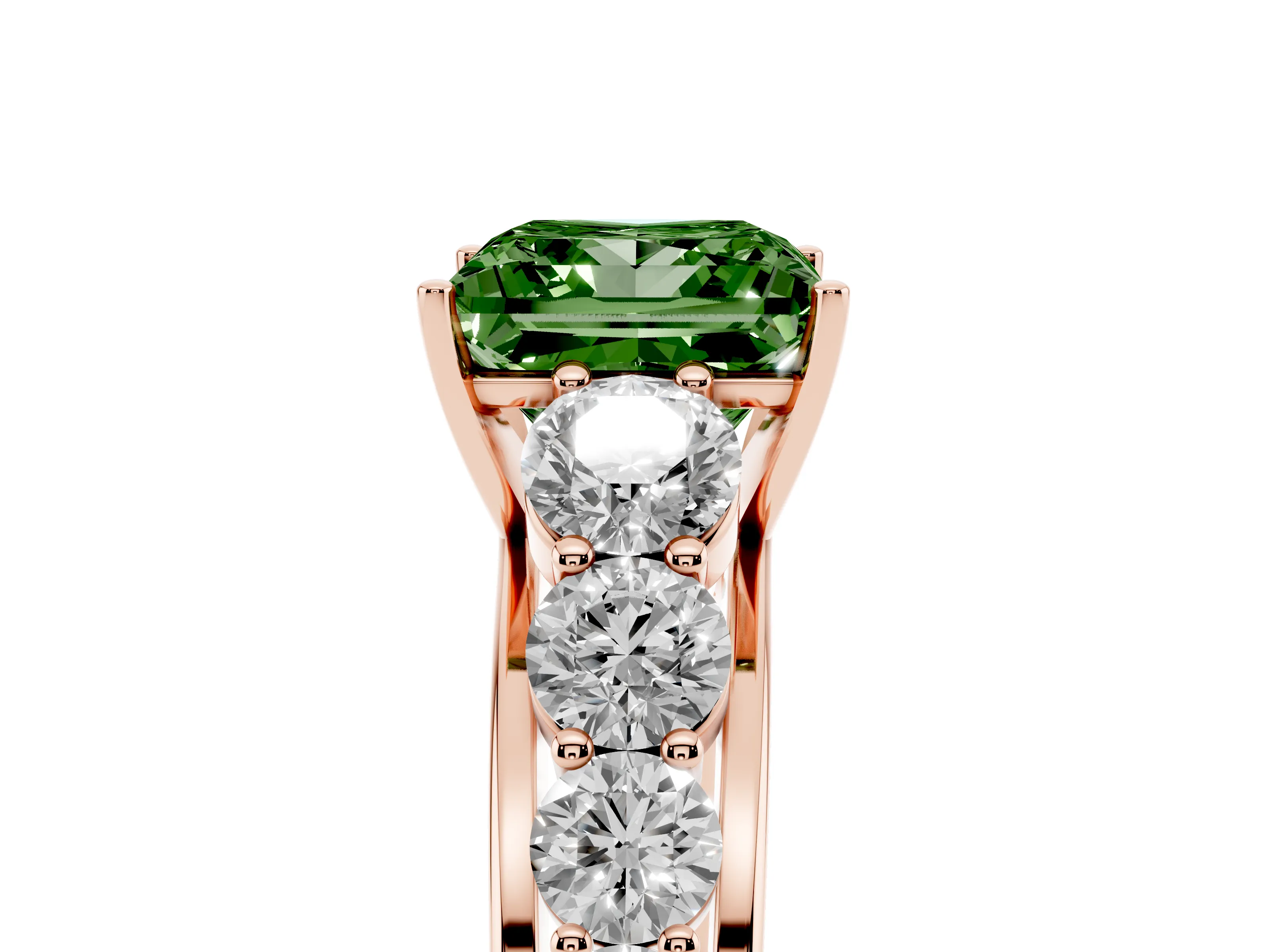Fancy Green Princess Cut Diamond Solitaire Ring Set in Rose gold with Pavé-Set Band and Prong Setting