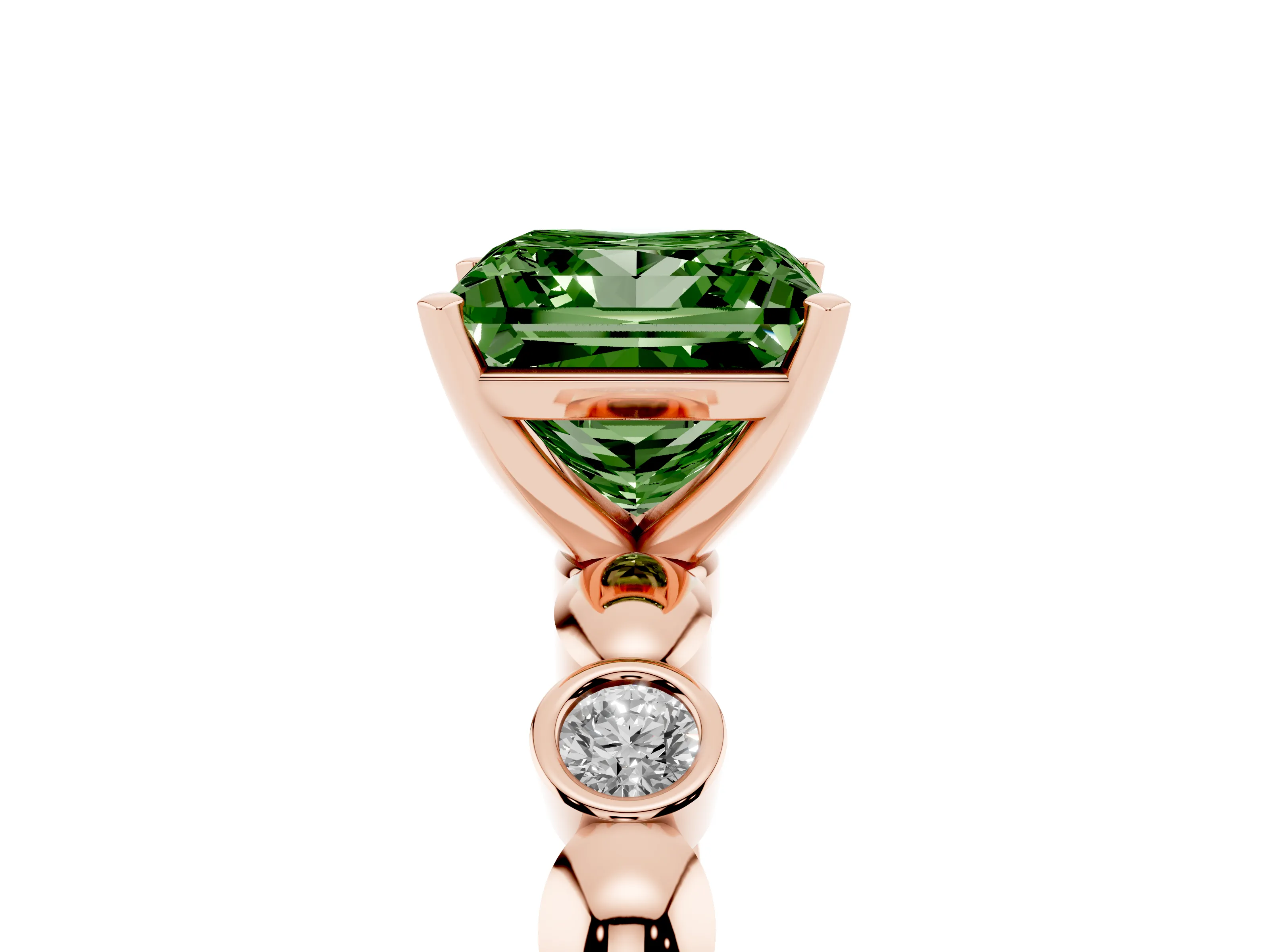 Fancy Green Princess Cut Diamond Solitaire Ring Set in Rose gold with Bezel-Set Accents on Beaded Band and Prong Setting
