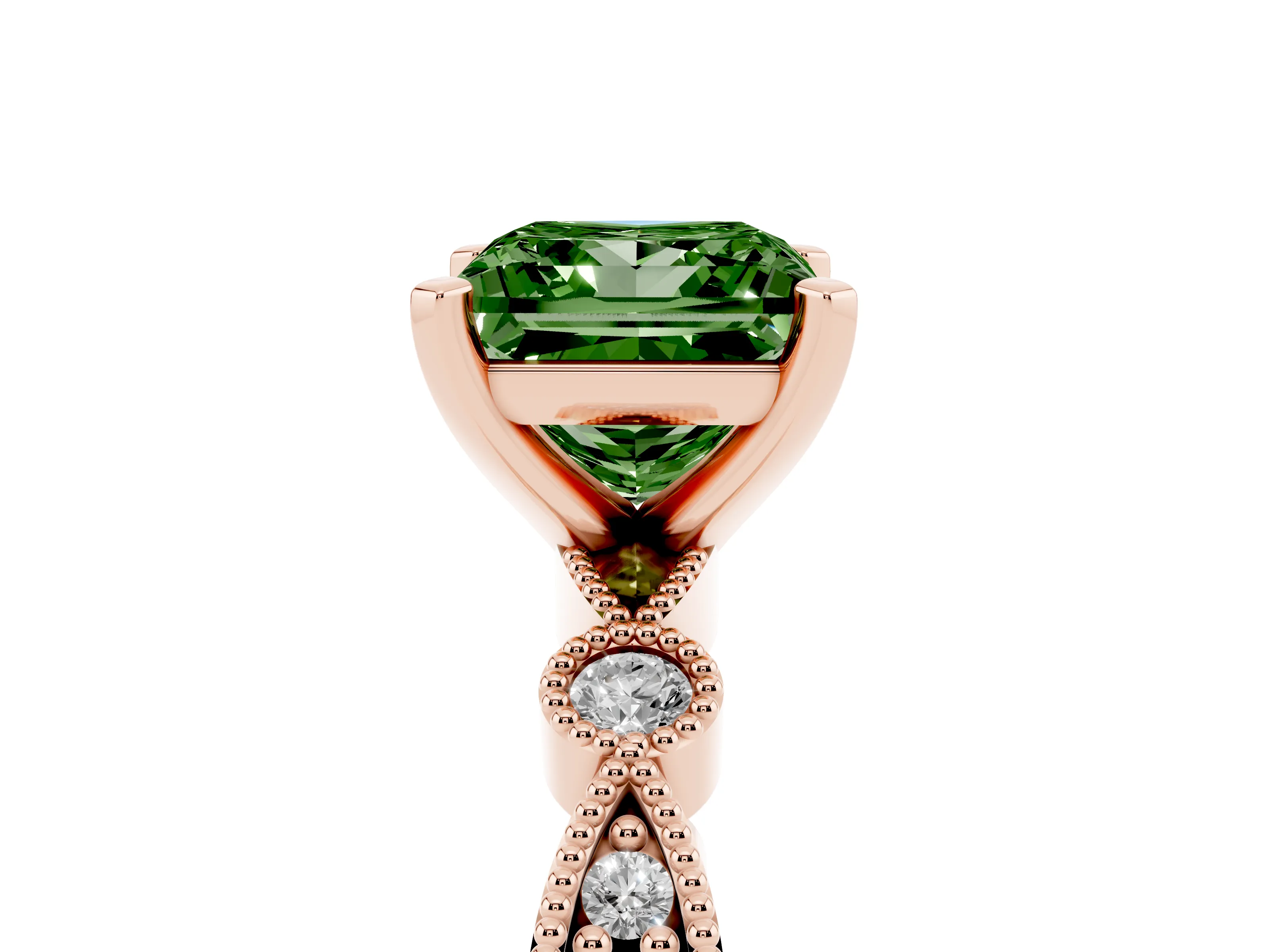 Fancy Green Princess Cut Diamond Solitaire Engagement Ring Set in Rose gold with Milgrain Bezel Accent Band