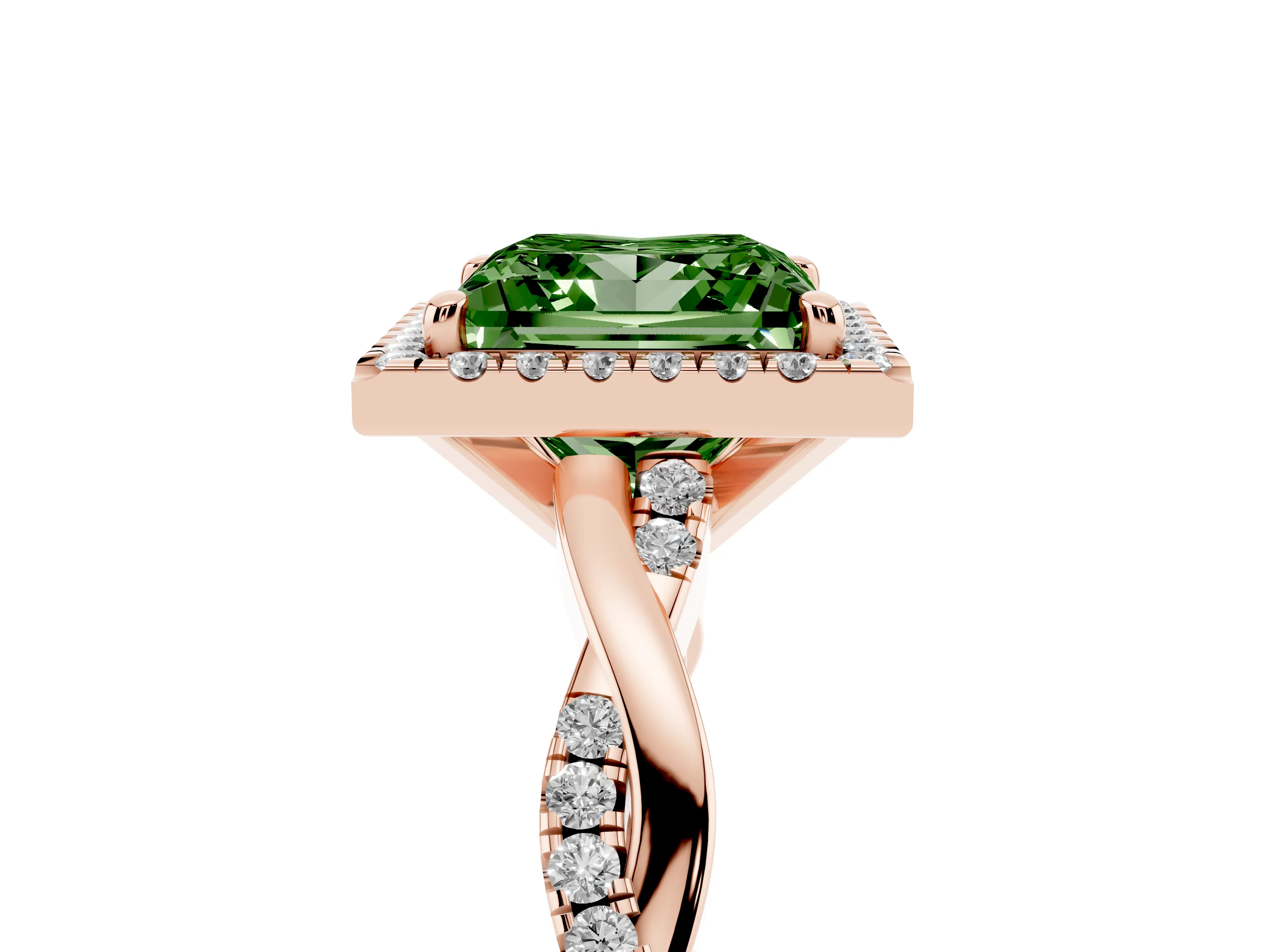 Fancy Green Princess Cut Diamond Halo Twisted Band Ring Set in Rose gold with Prong Setting