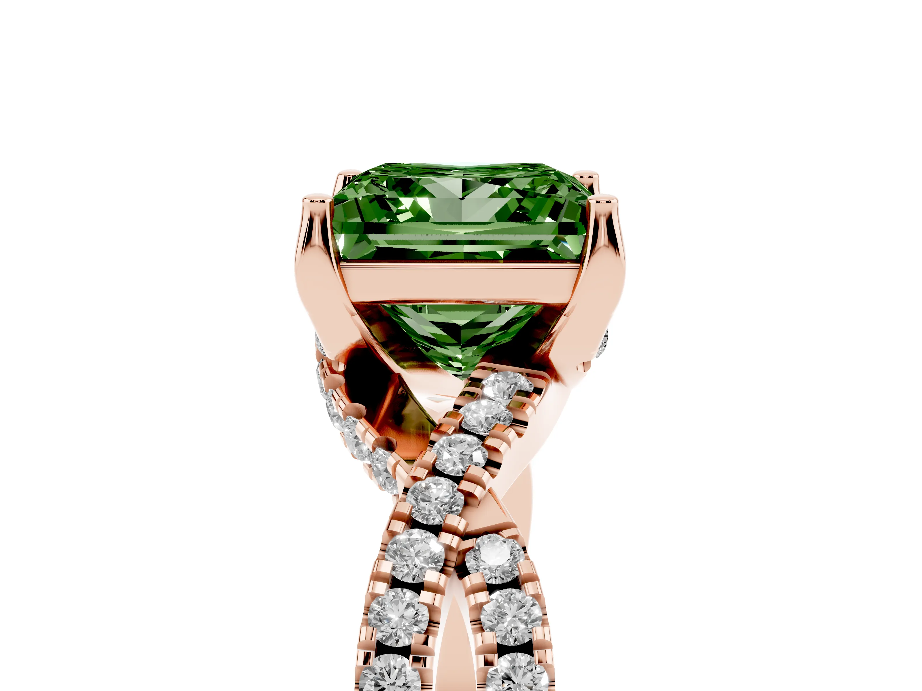 Fancy Green Princess Cut Diamond Twist Pavé Solitaire Engagement Ring Set in Rose gold with Prong Setting
