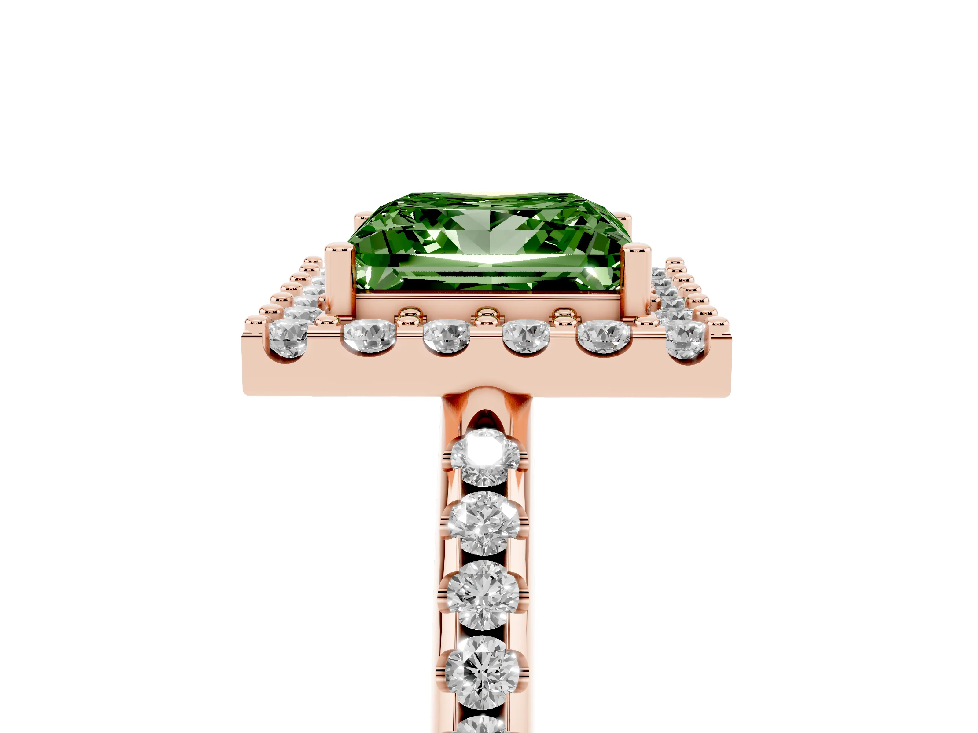 Fancy Green Princess Cut Diamond Pavé Halo Ring Set in Rose gold with Prong Setting