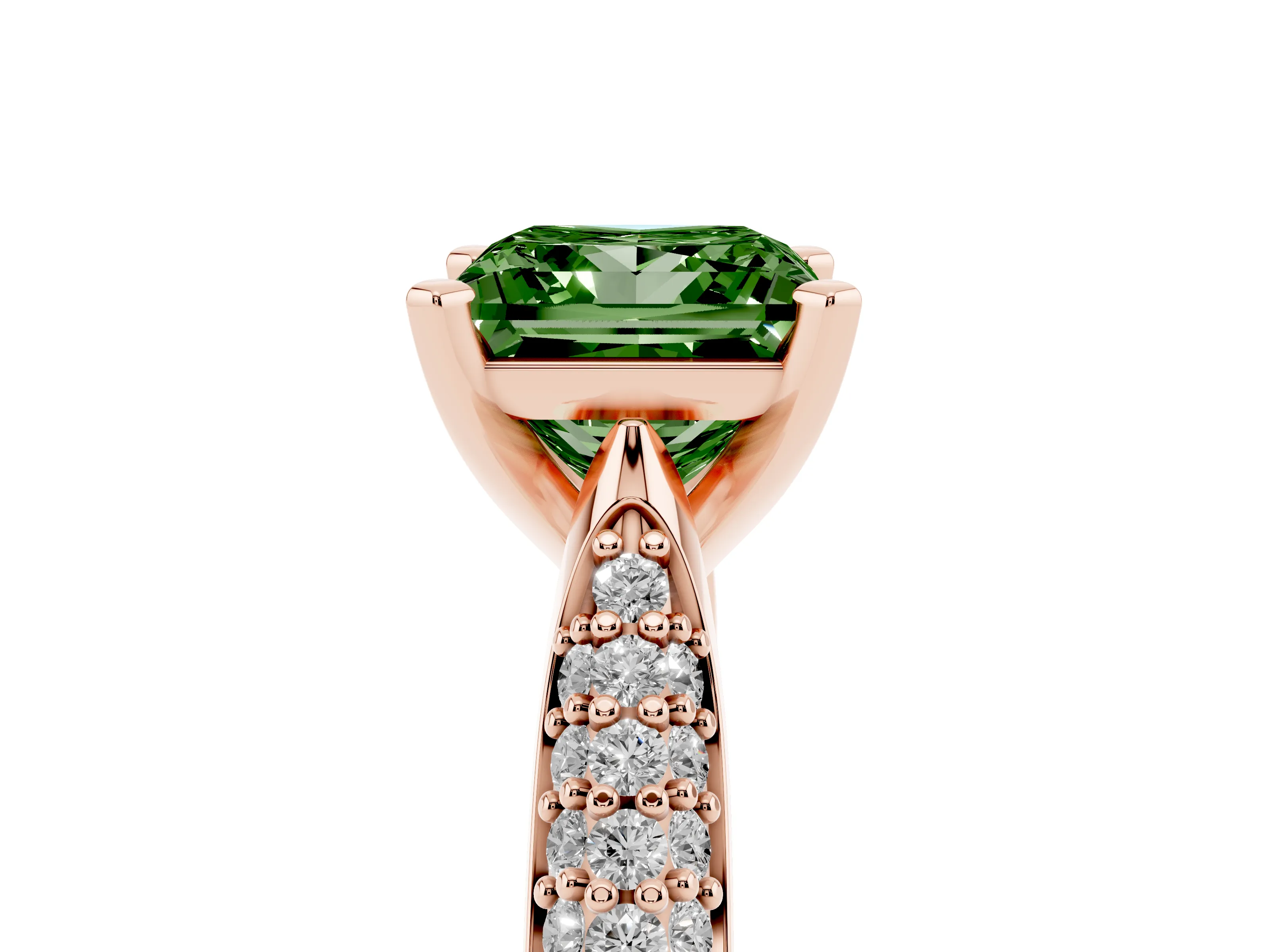 Fancy Green Princess Cut Diamond Solitaire Engagement Ring Set in Rose gold with Multi-Row Round Pavé Band and Prong Setting