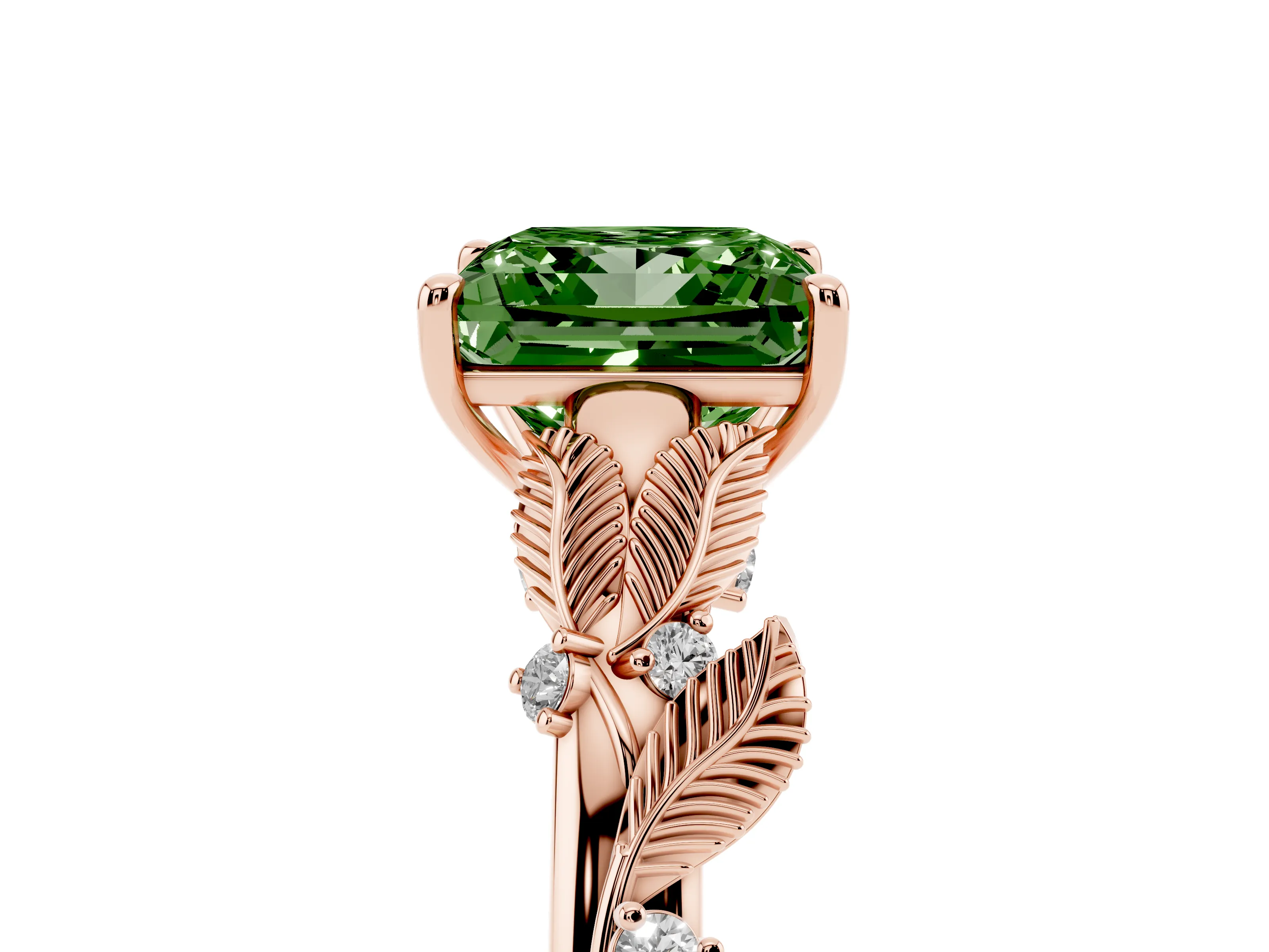 Fancy Green Princess Cut Diamond Solitaire Ring Set in Rose gold with Leaf Motif Band