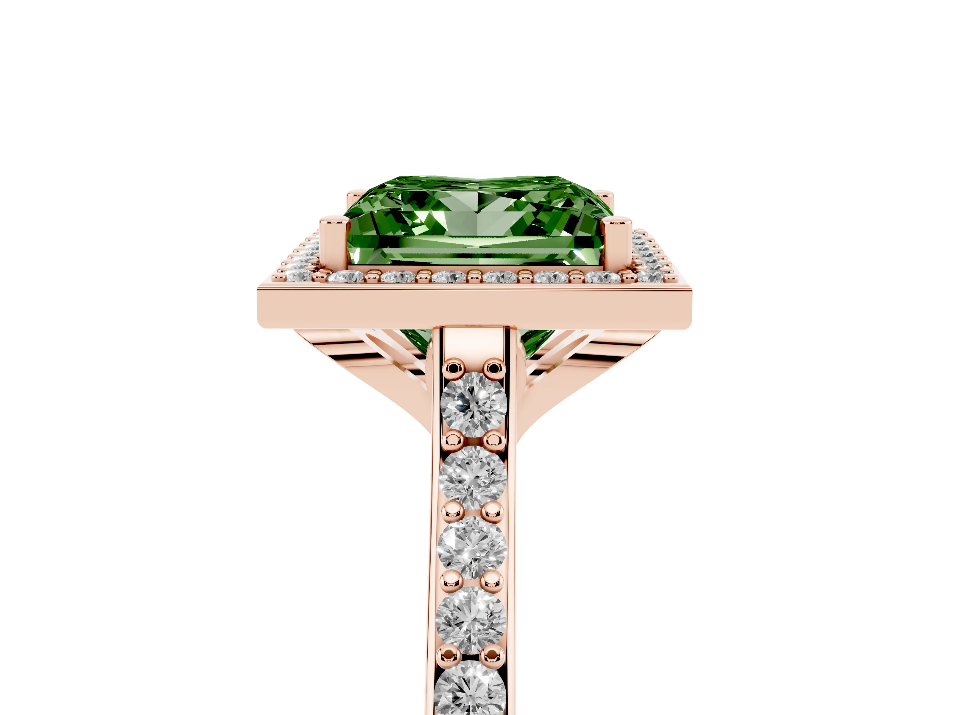 Fancy Green Princess Cut Diamond Halo Engagement Ring Set in Rose gold with Round Pavé Shoulders and Heart Gallery
