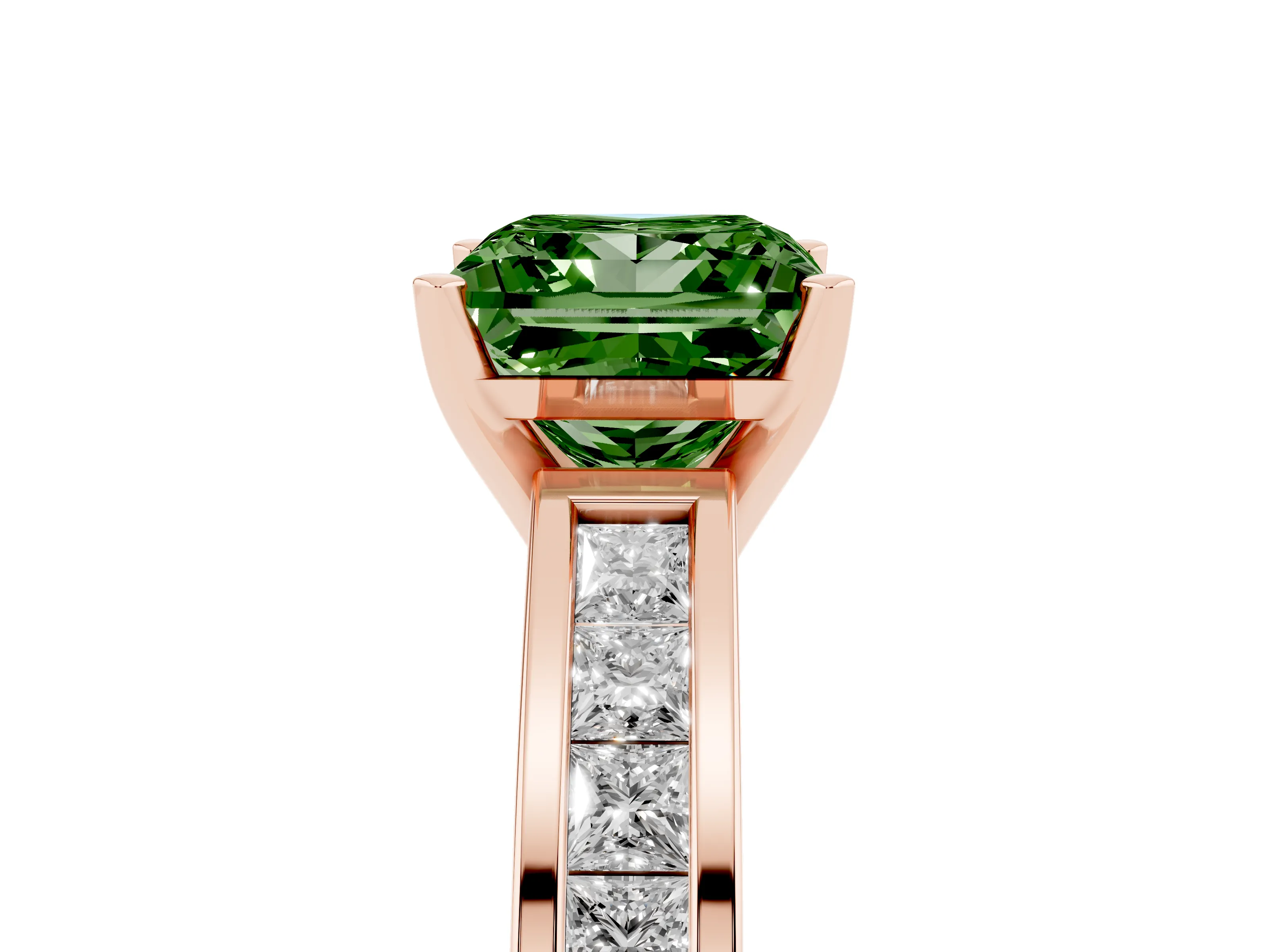 Fancy Green Princess Cut Diamond Solitaire Ring Set in Rose gold with Channel-Set Band and Prong Setting