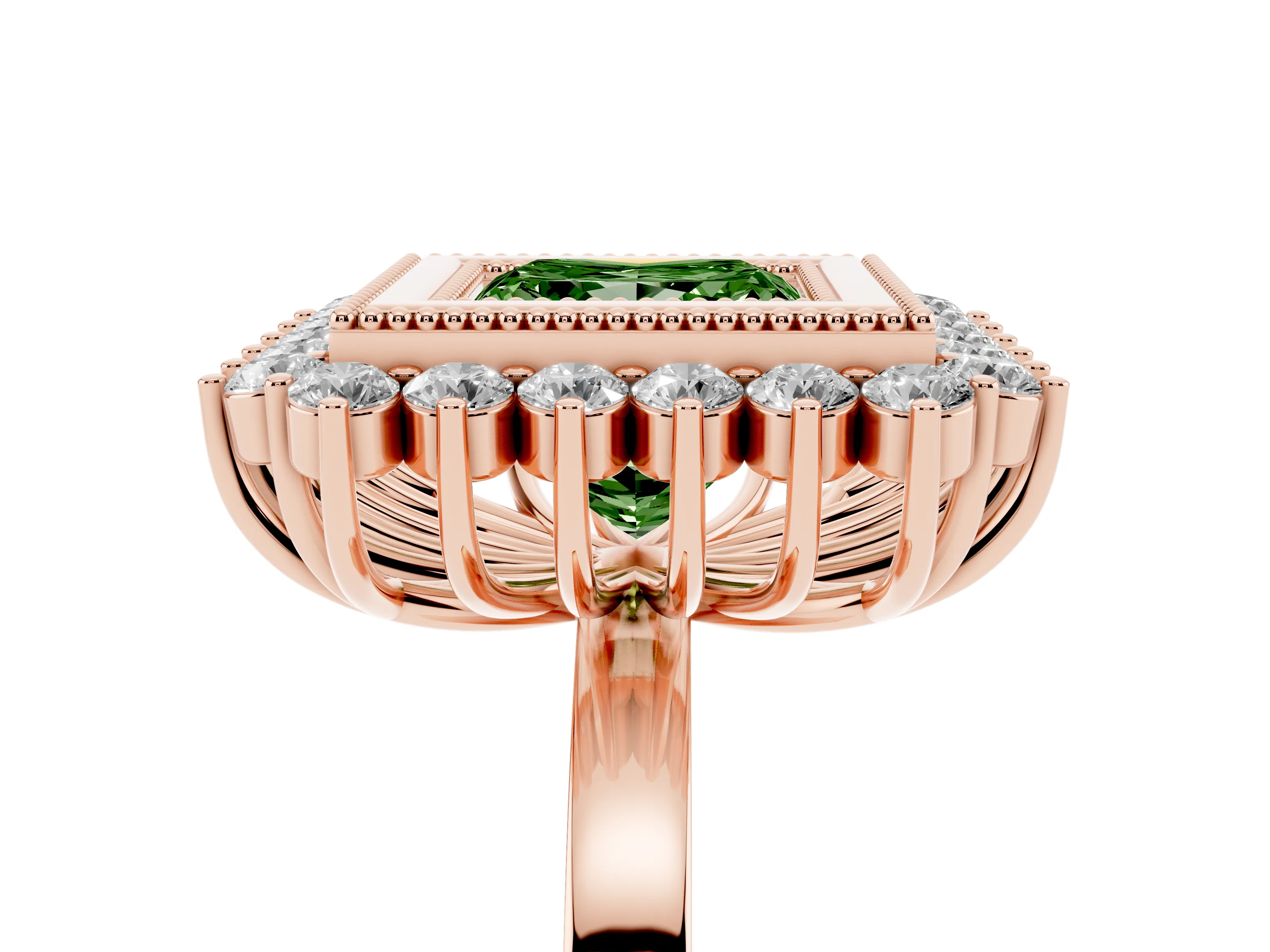 Fancy Green Princess Cut Diamond Halo Ring Set in Rose gold with Milgrain Edge and Round Prong Setting