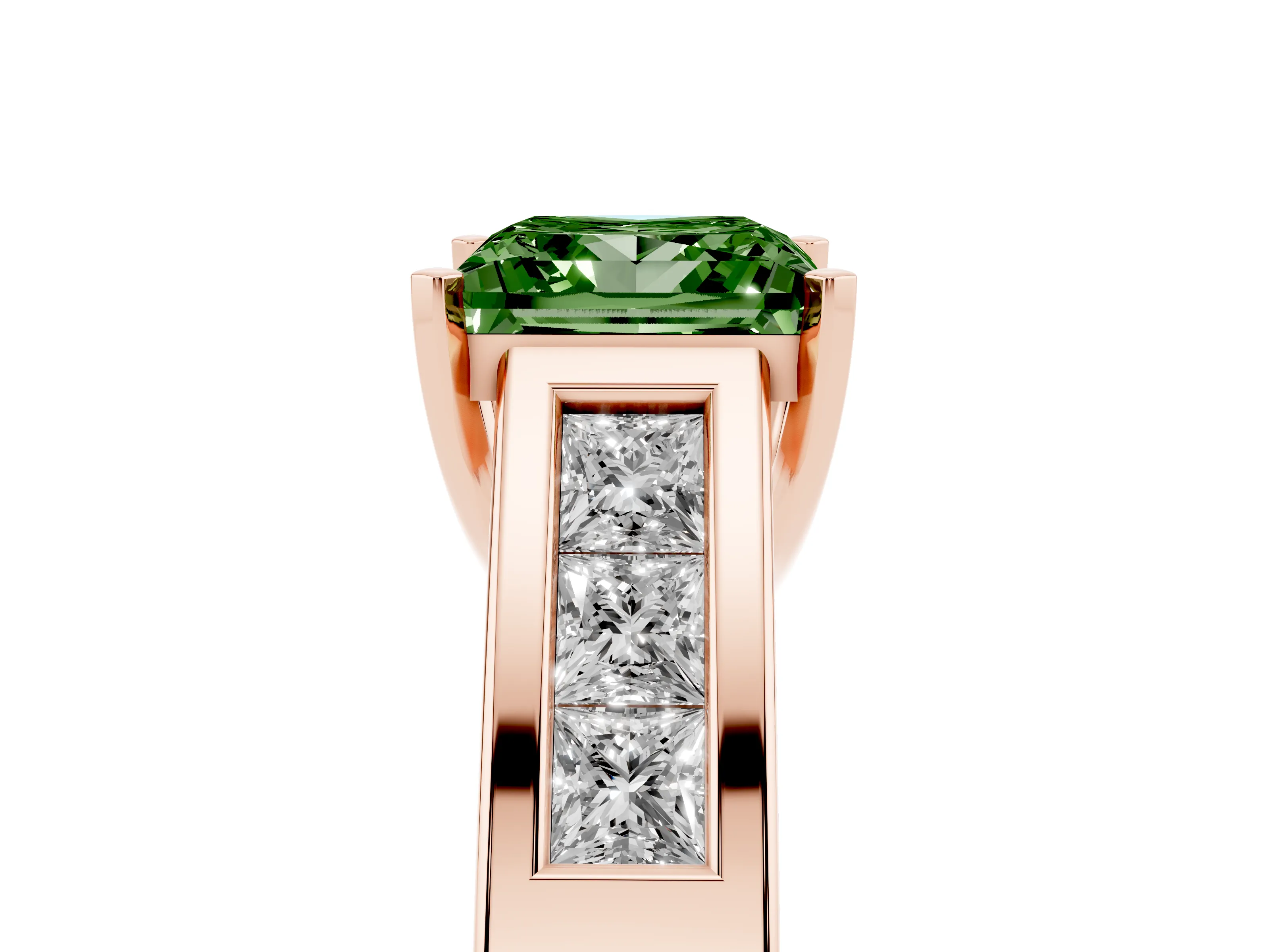 Fancy Green Princess Cut Diamond Solitaire Ring Set in Rose gold with Channel-Set Accent Stones and Prong Setting