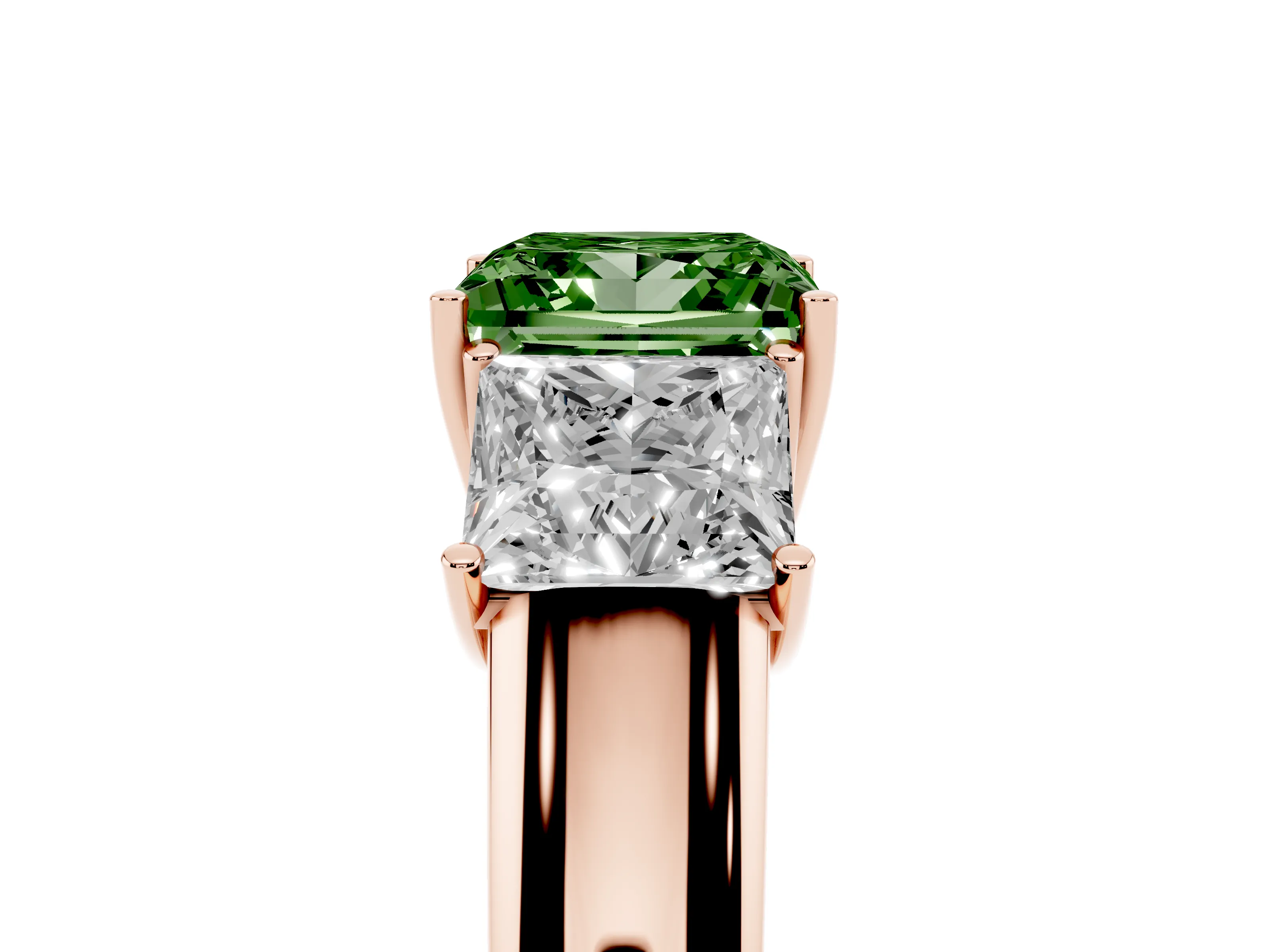 Fancy Green Three-Stone Princess Cut Diamond Ring Set in Rose gold with Matching Prong Settings and Plain Band