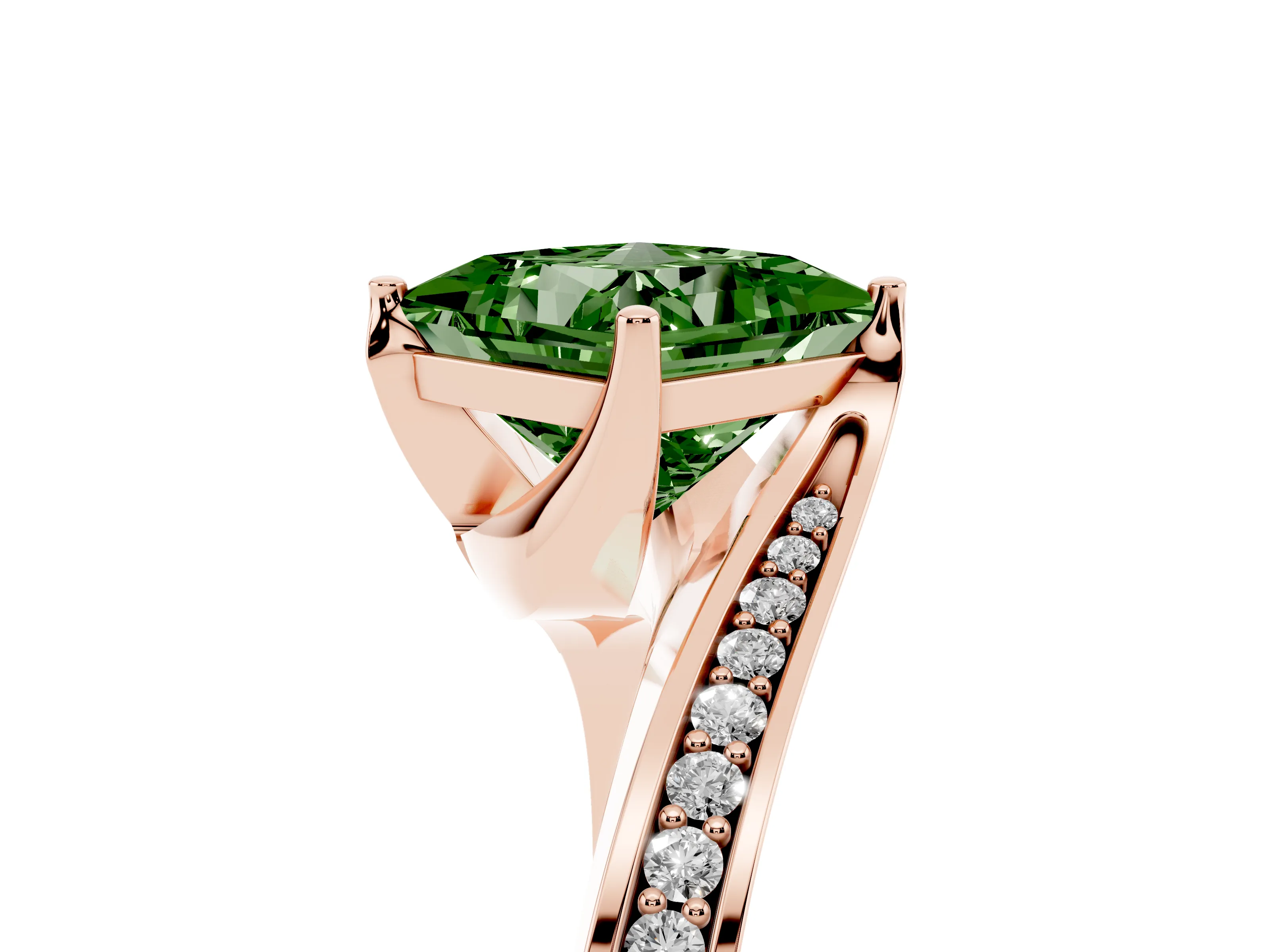Fancy Green Princess Cut Diamond Solitaire Ring Set in Rose gold with Intertwined Pavé Twist Band