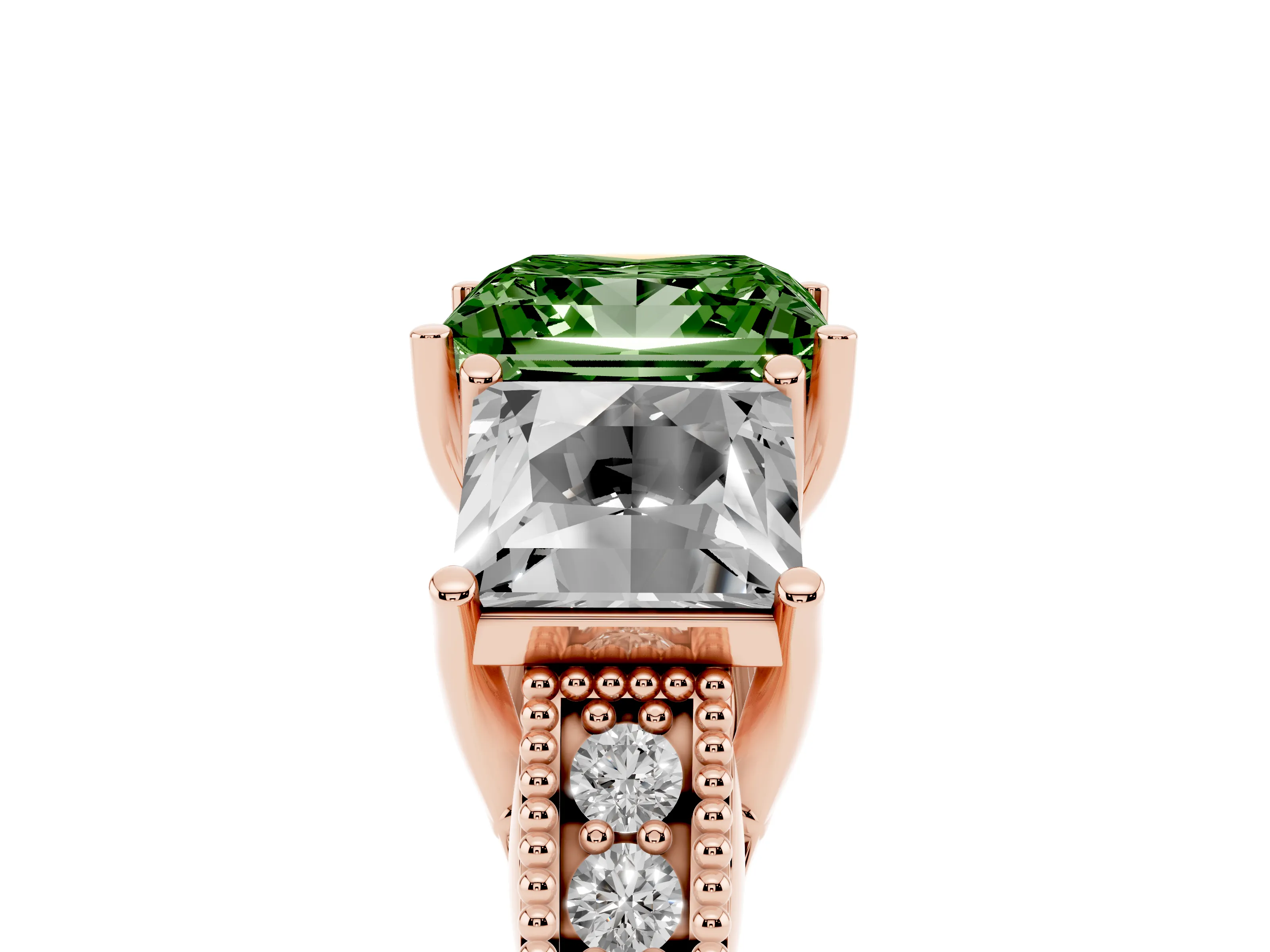 Fancy Green Princess Cut Diamond Three-Stone Engagement Ring Set in Rose gold with Milgrain Pavé Band