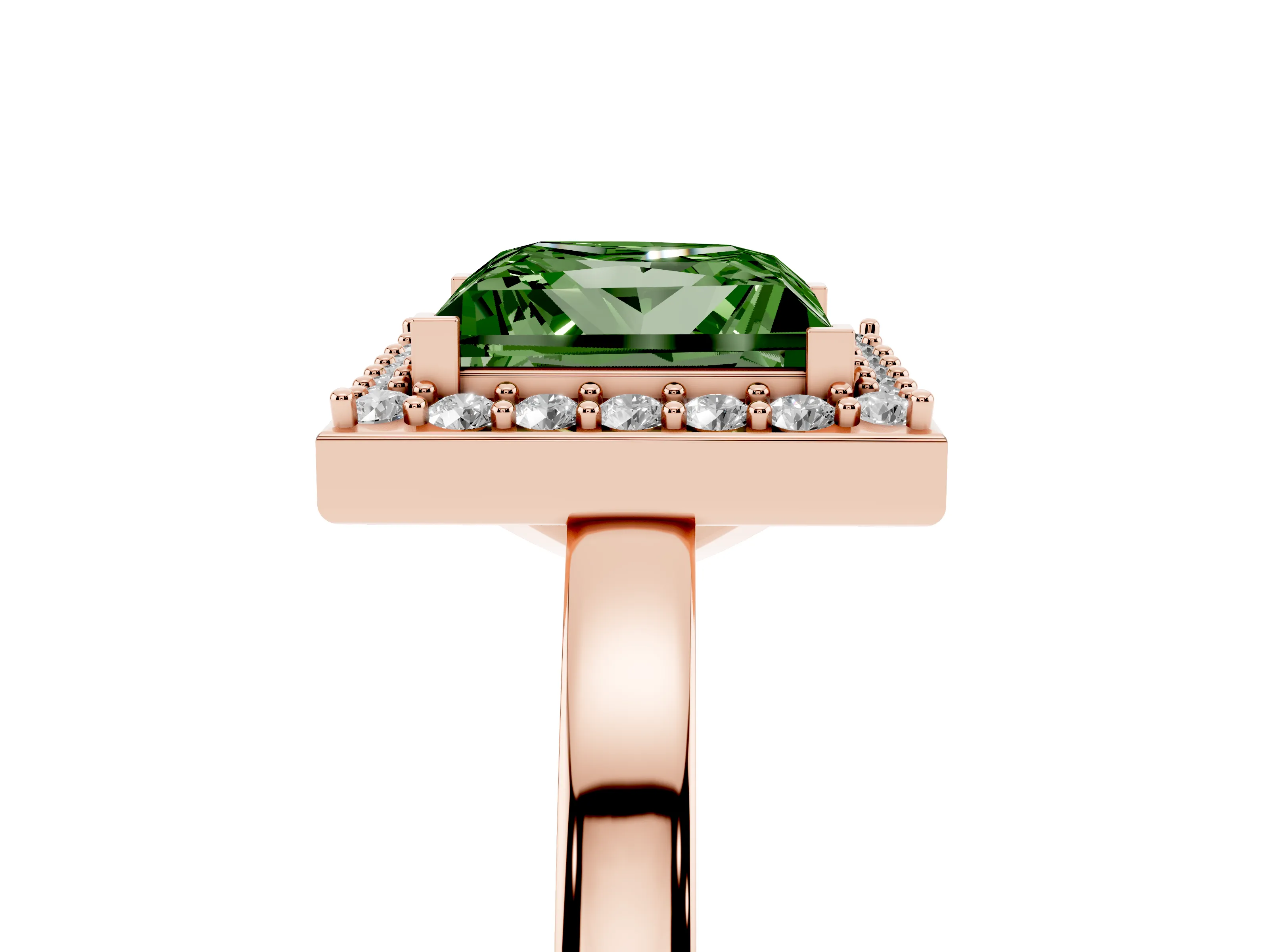 Fancy Green Princess Cut Diamond Halo Ring Set in Rose gold with Solitaire Band and Prong Setting