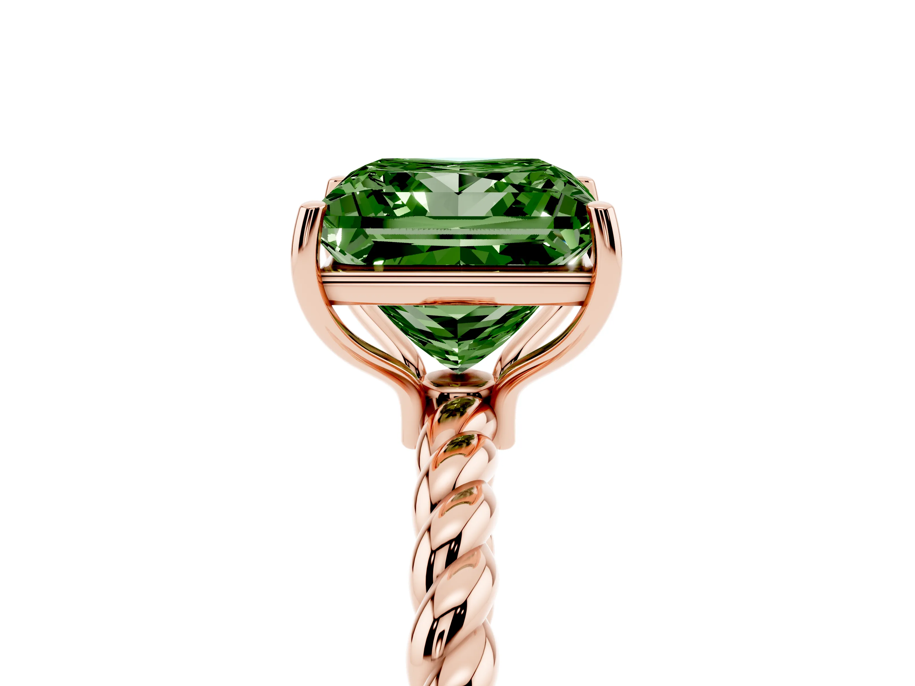 Fancy Green Princess Cut Diamond Solitaire Ring Set in Rose gold with Twist Band and Prong Setting