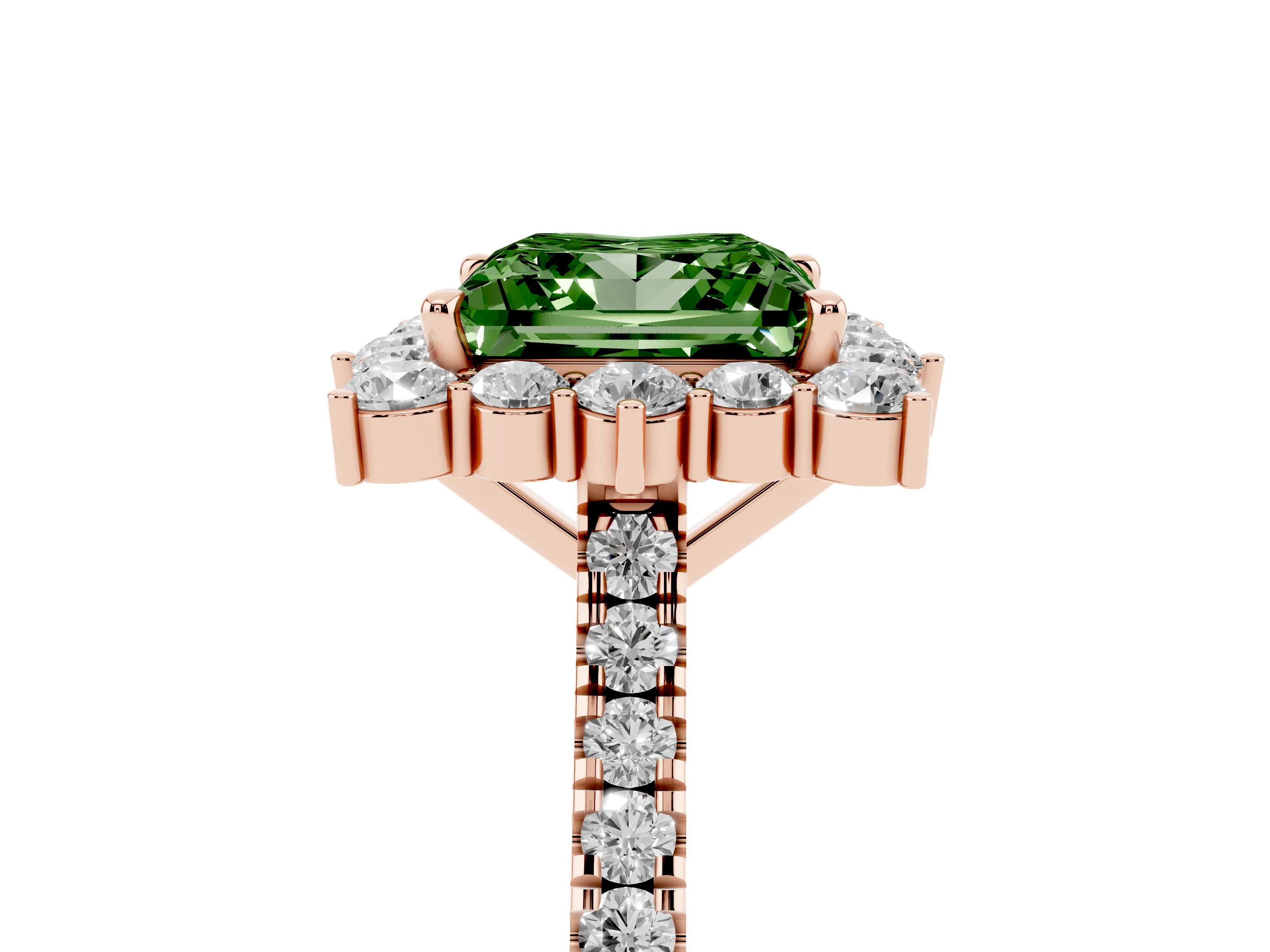 Fancy Green Princess Cut Diamond Halo Ring Set in Rose gold with Pavé Band and Prong Setting