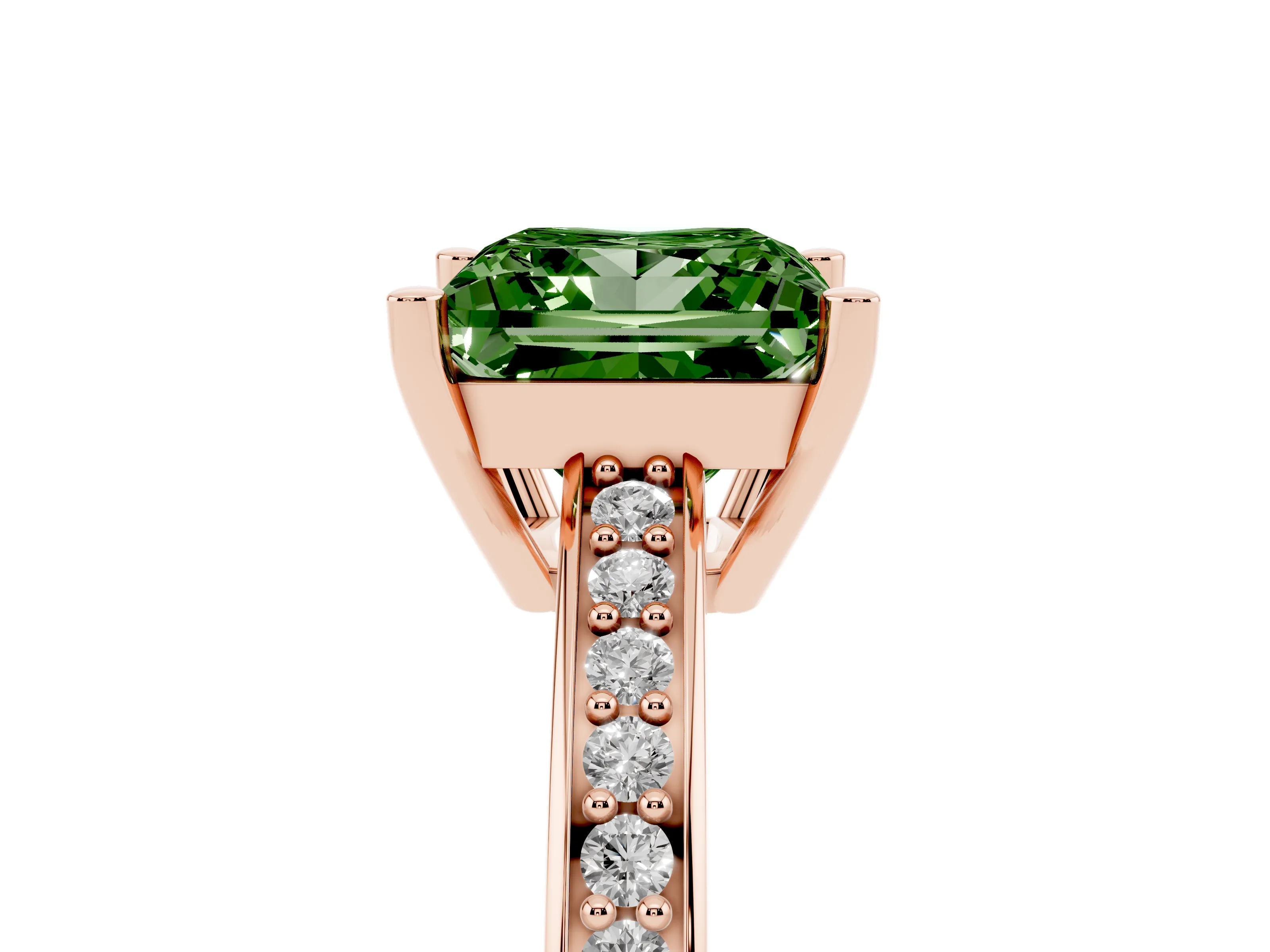 Fancy Green Princess Cut Diamond Pavé Band Prong Set Solitaire Ring Set in Rose gold