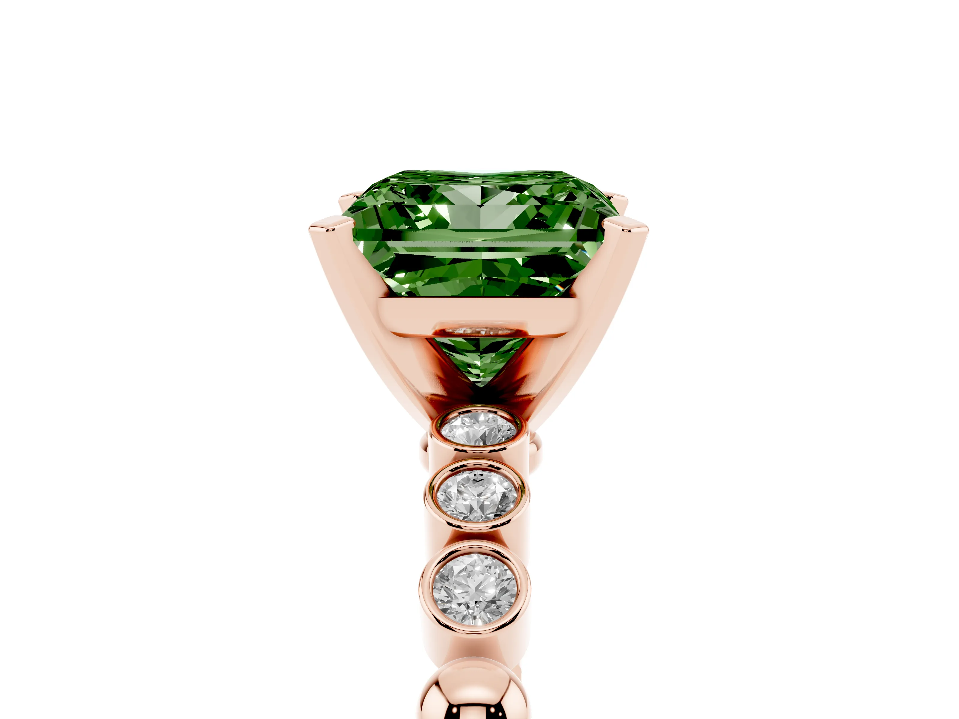 Fancy Green Princess Cut Diamond Solitaire Engagement Ring Set in Rose gold with Bezel Accents on Beaded Band