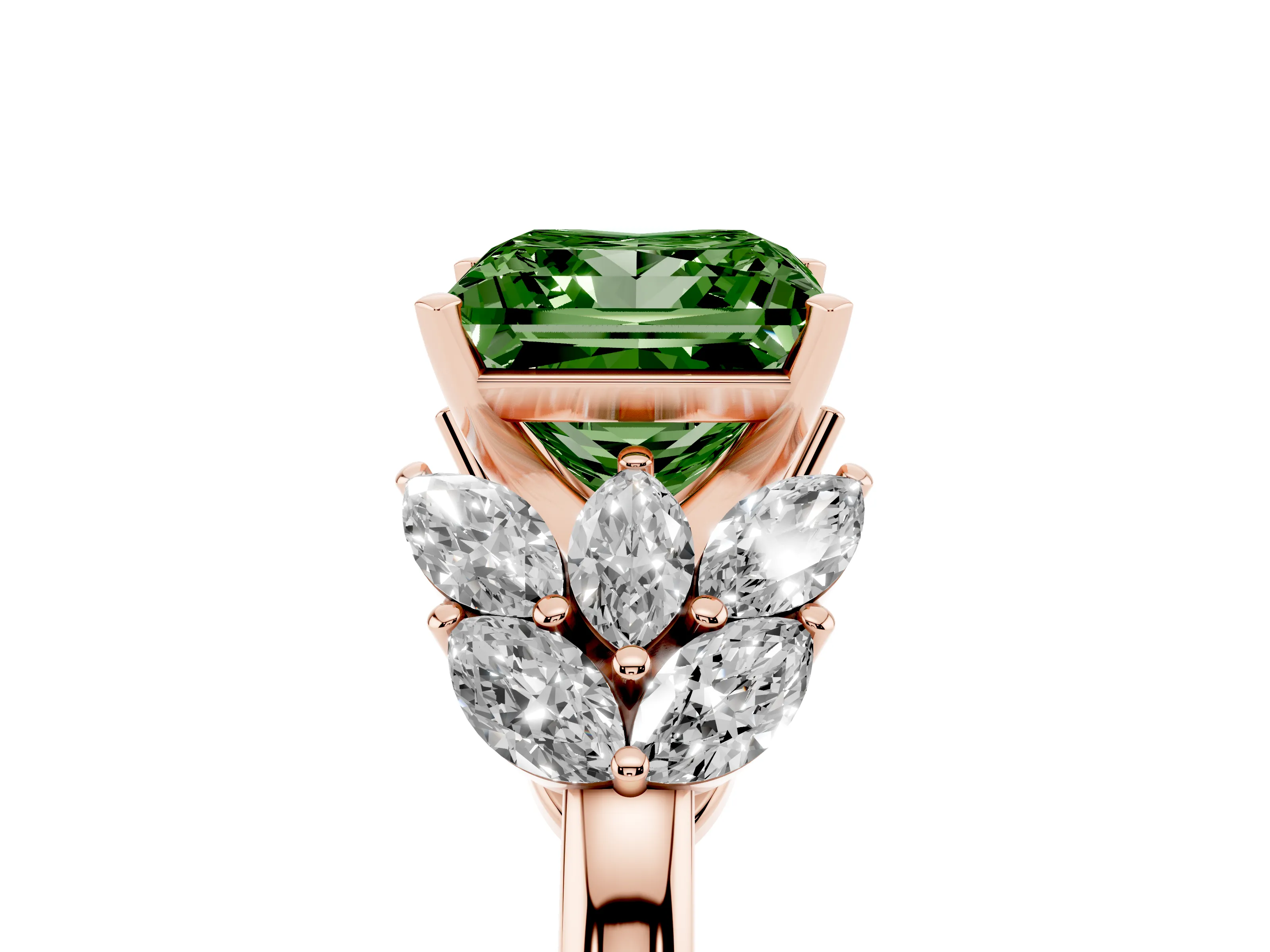Fancy Green Princess Cut Diamond Cluster Leaf Design Ring Set in Rose gold with Prong Setting