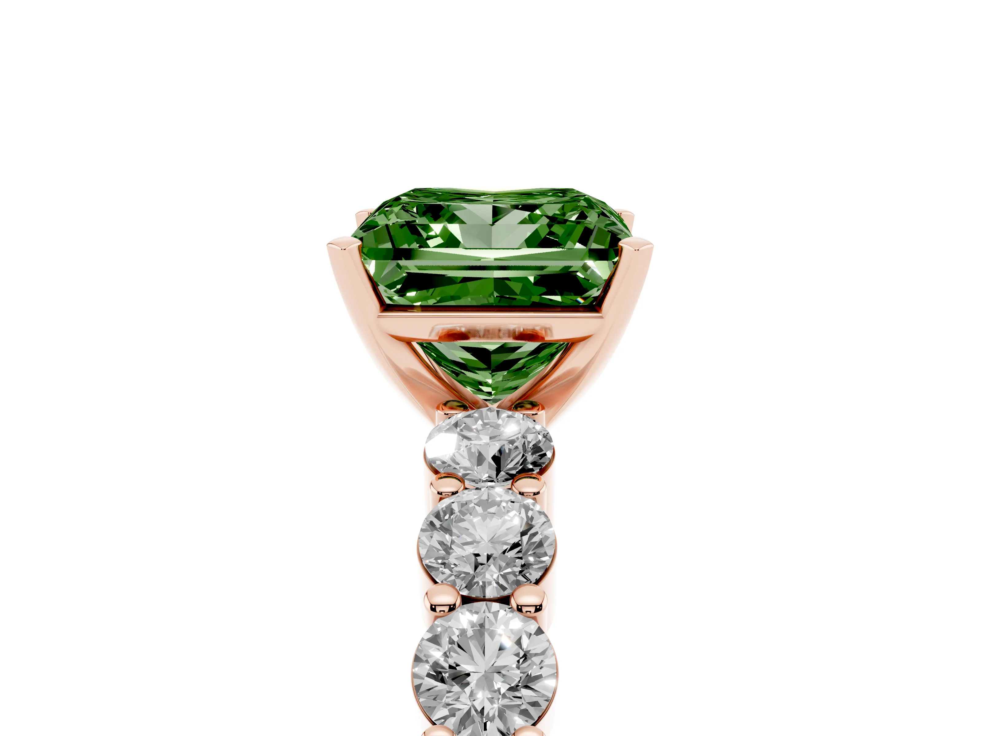 Fancy Green Princess Cut Diamond Solitaire Ring Set in Rose gold with Shared Prong Round Side Stones