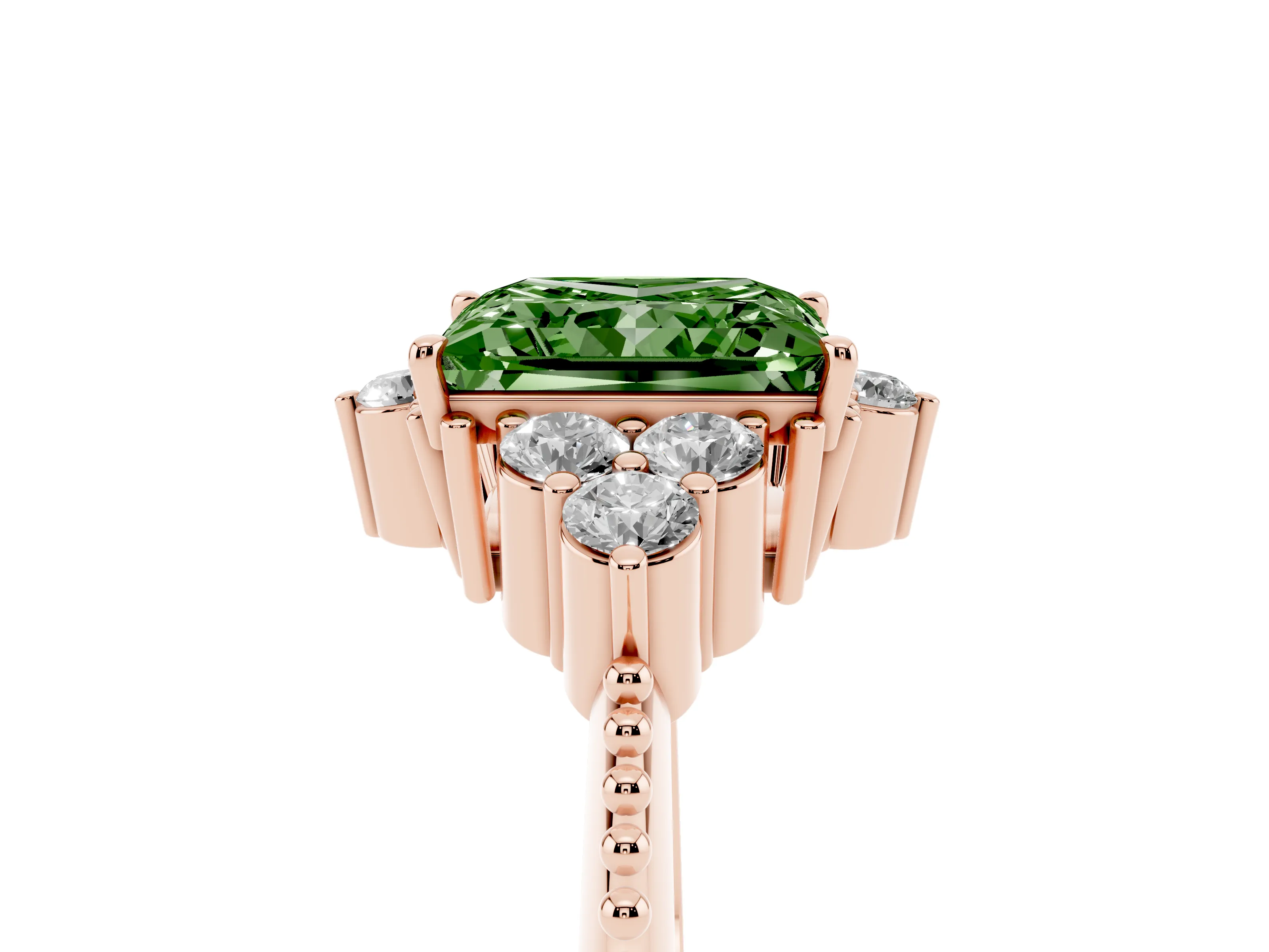 Fancy Green Princess Cut Diamond Cluster Ring Set in Rose gold with Beaded Band