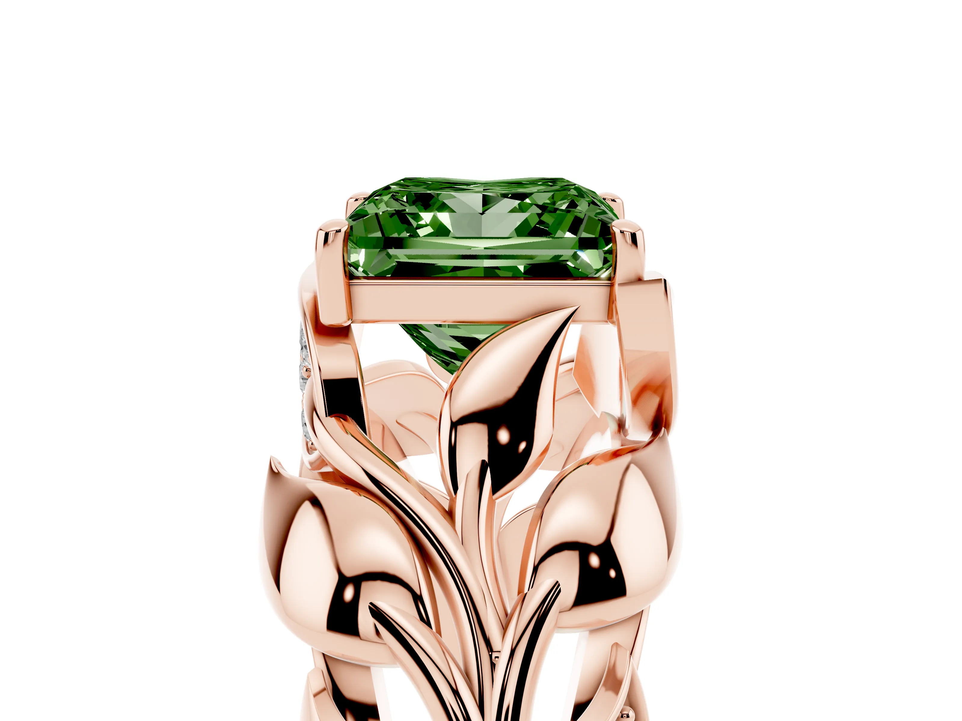 Fancy Green Princess Cut Diamond Leaf-Inspired Engagement Ring Set in Rose gold with Round Accents