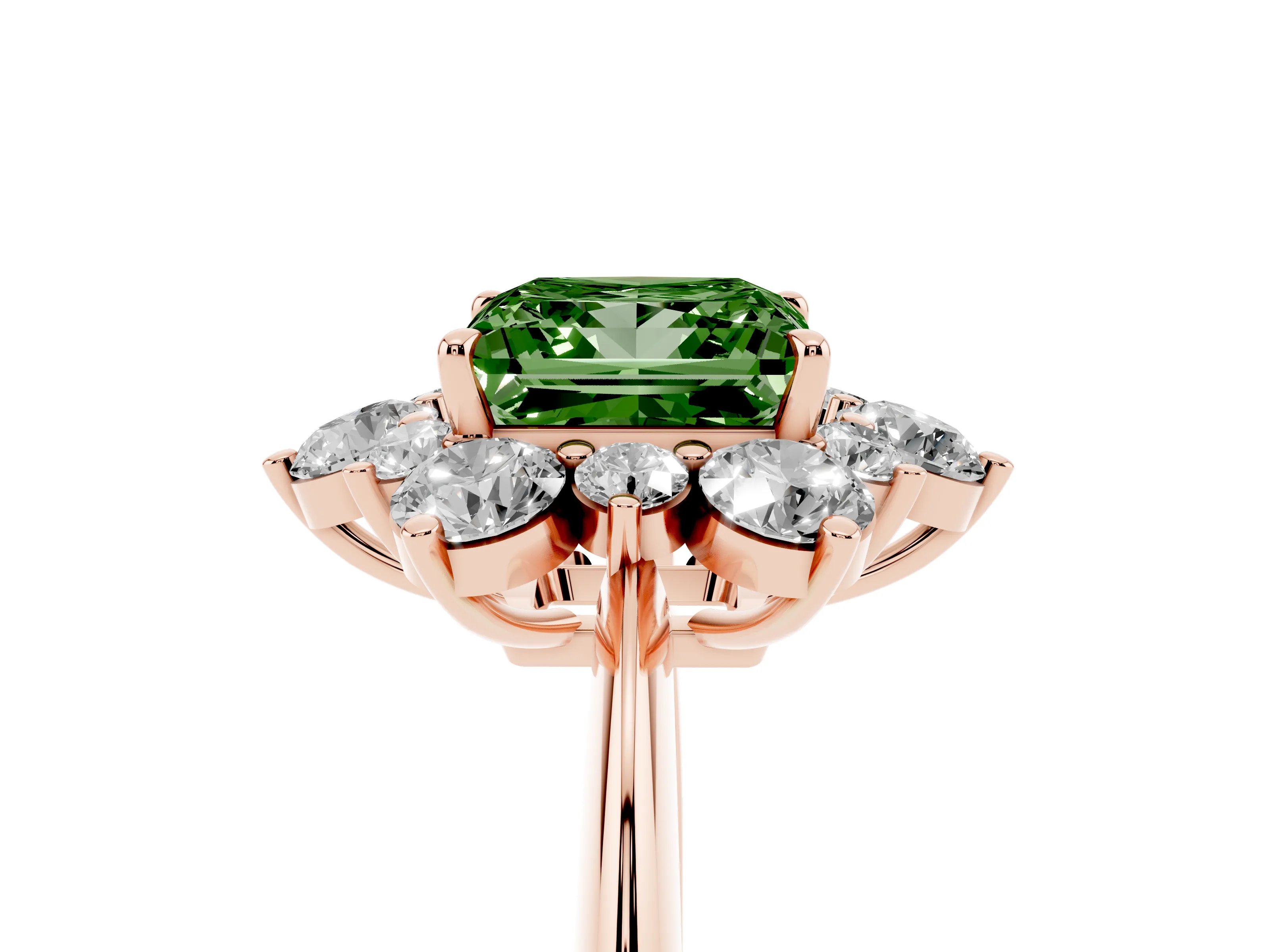 Fancy Green Princess Cut Diamond Cluster Halo Ring Set in Rose gold with Solitaire Band and Prong Setting