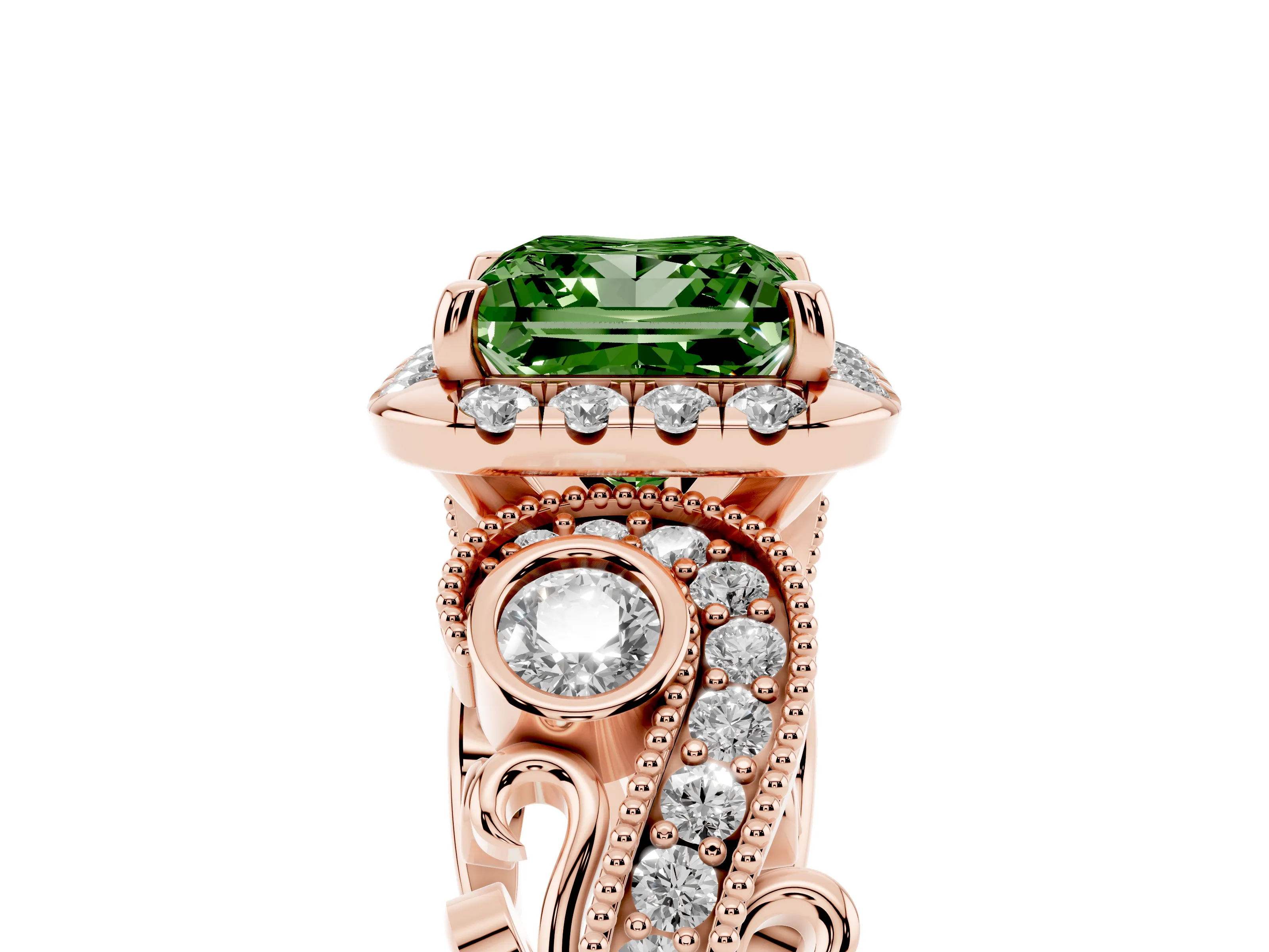Fancy Green Princess Cut Diamond Halo Split Shank Ring Set in Rose gold with Milgrain and Bezel Accents