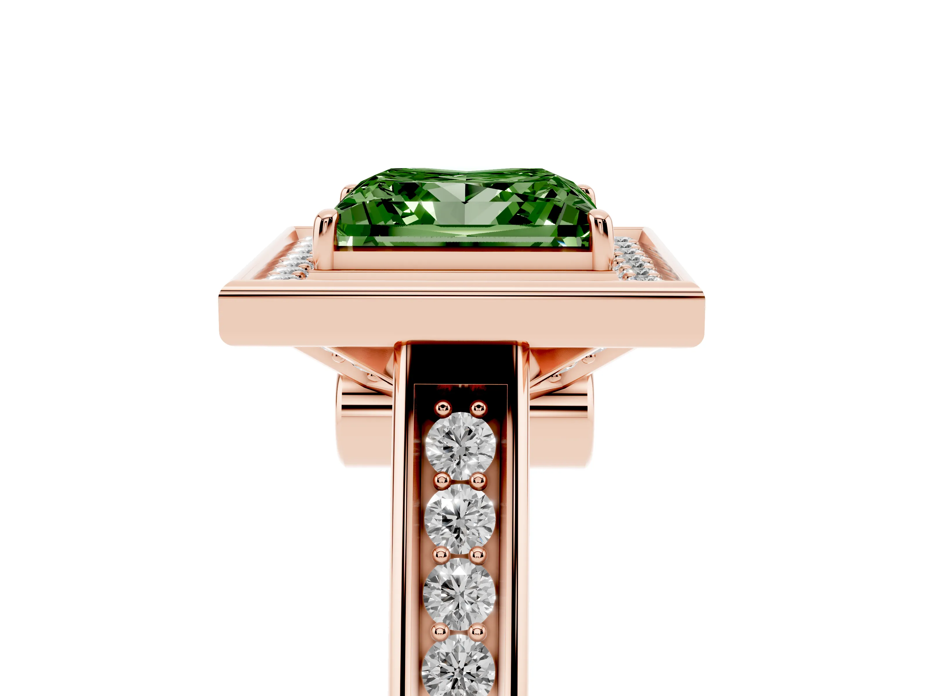 Fancy Green Princess Cut Diamond Halo Solitaire Ring Set in Rose gold with Pavé Band and Bezel Setting