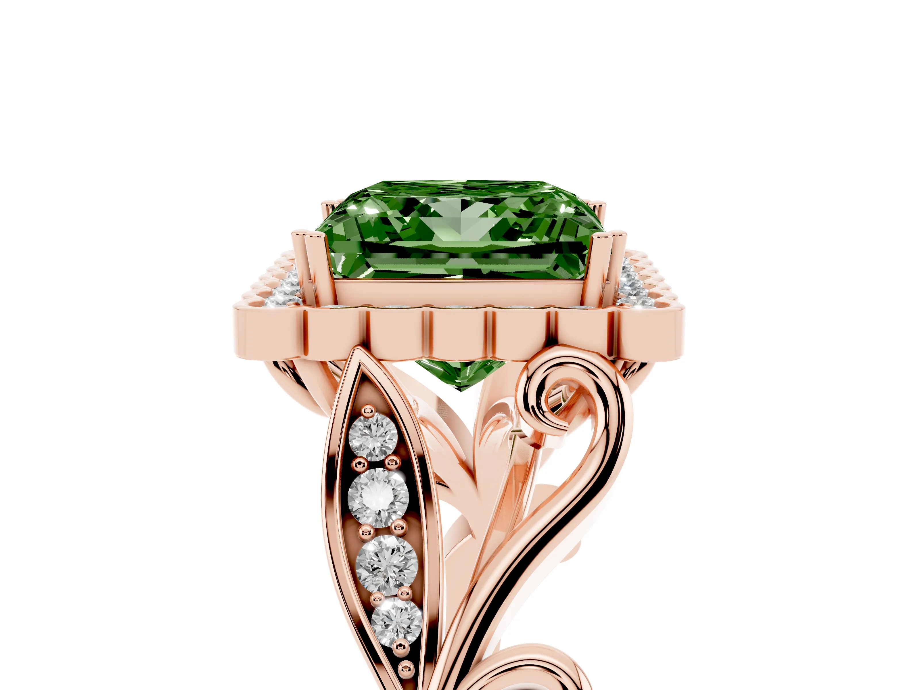 Fancy Green Princess Cut Diamond Halo Ring Set in Rose gold with Leaf Motif Split Shank and Prong Setting