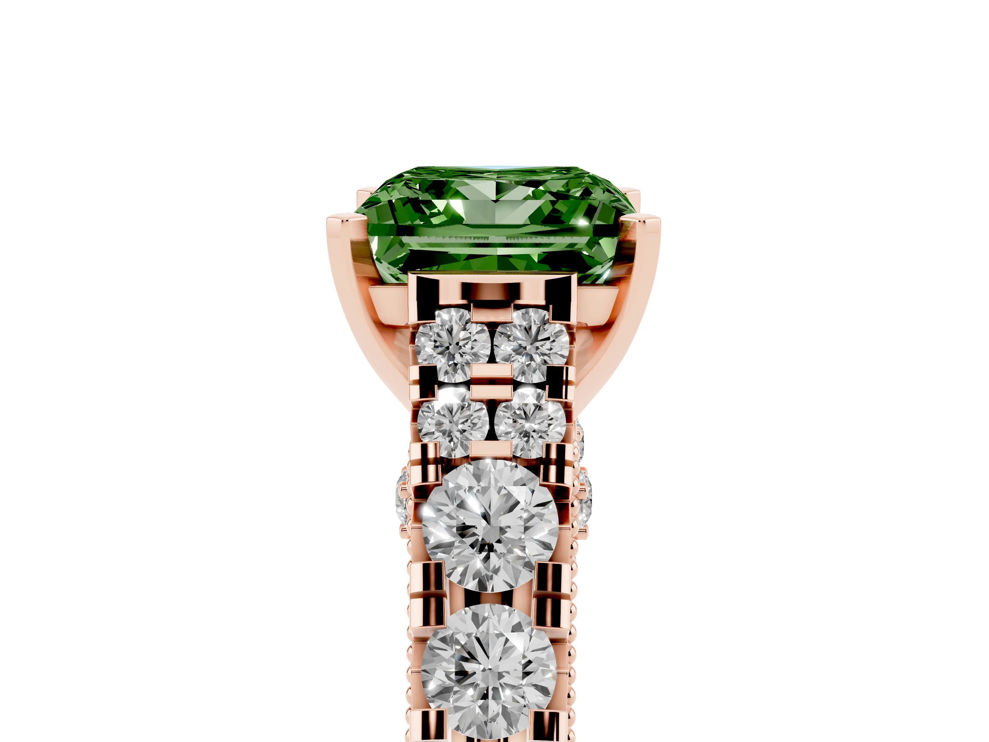 Fancy Green Princess Cut Diamond Classic Solitaire Ring Set in Rose gold with Pavé Band and Prong Setting