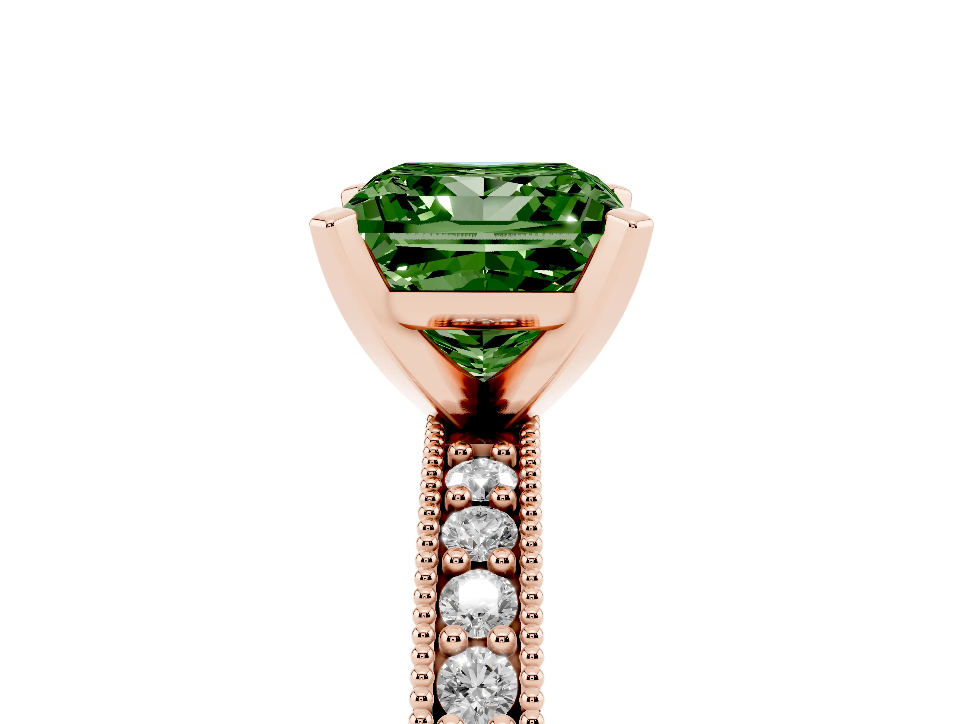 Fancy Green Princess Cut Diamond Milgrain Pavé Engagement Ring Set in Rose gold with Prong Setting