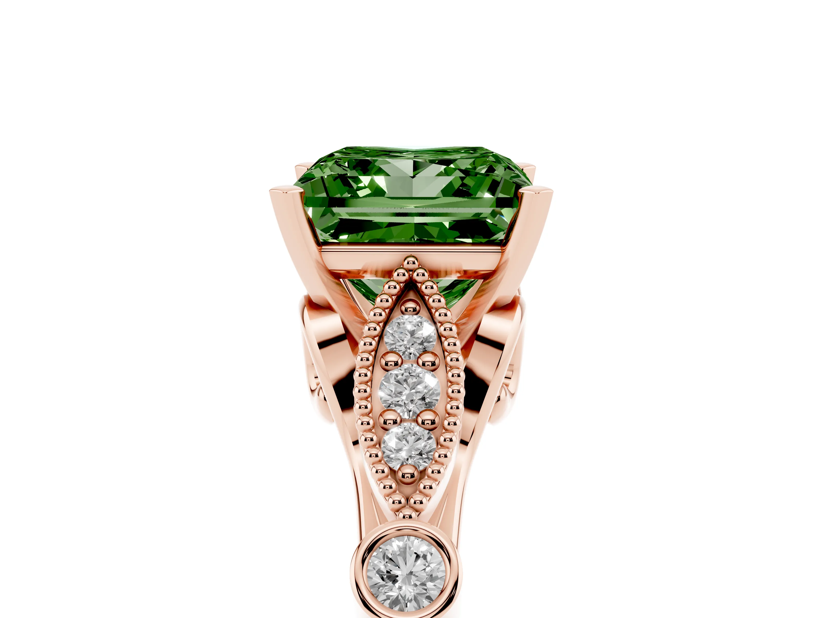 Fancy Green Princess Cut Diamond Solitaire Ring Set in Rose gold with Milgrain Marquise and Bezel Accents