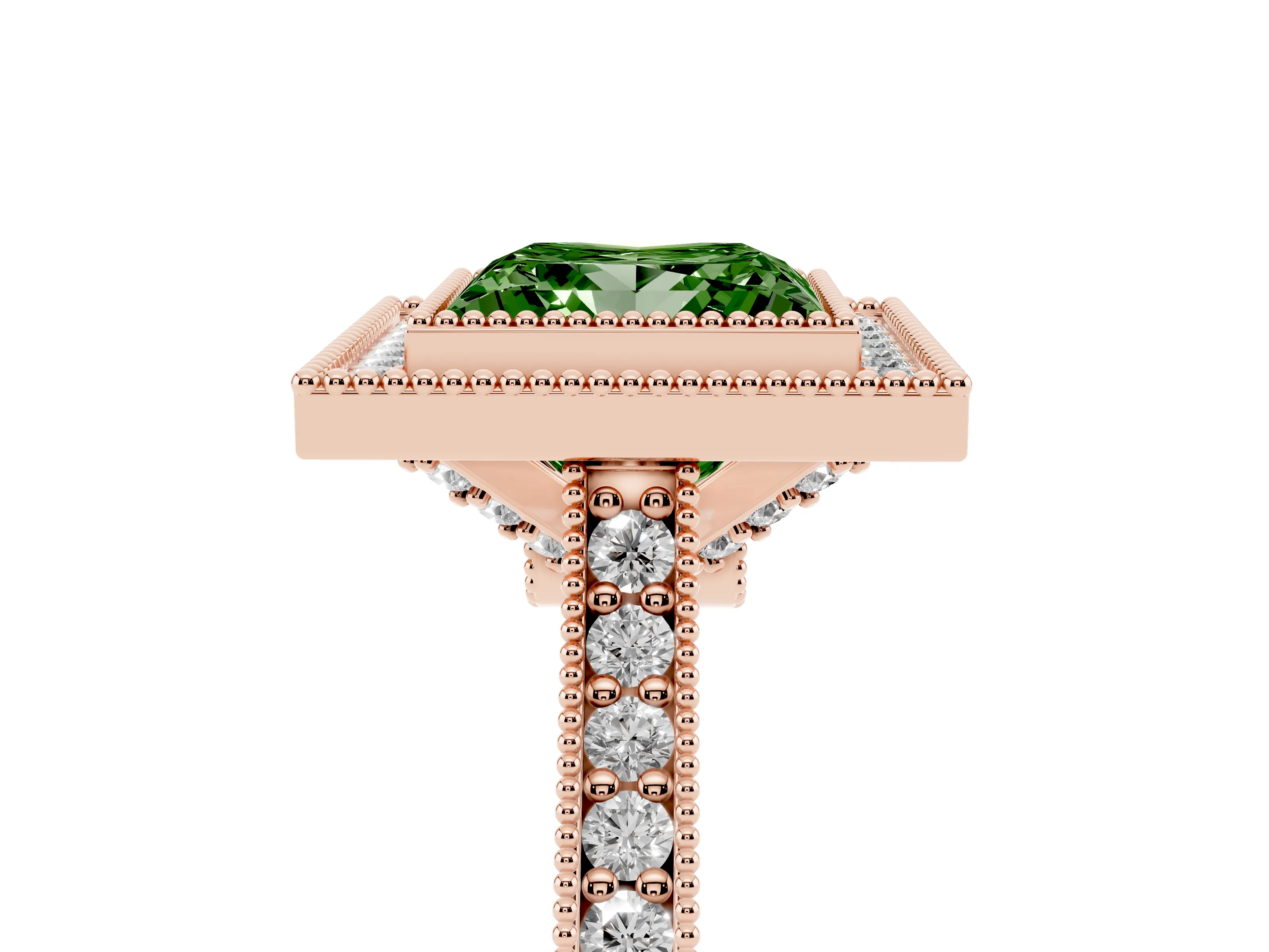 Fancy Green Princess Cut Diamond Halo Milgrain Pavé Band Ring Set in Rose gold with Prong Setting