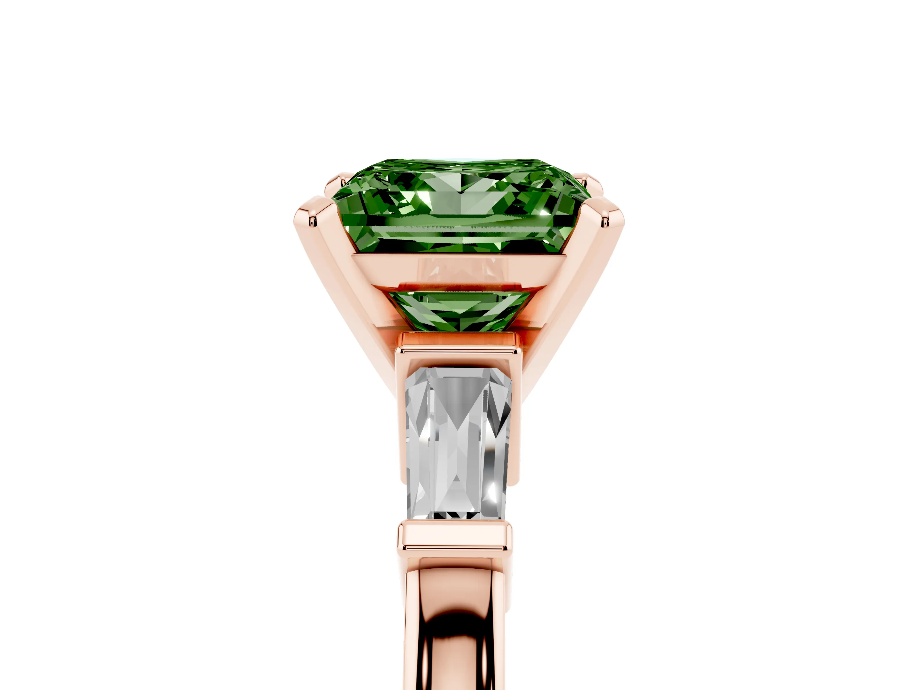 Fancy Green Princess Cut Diamond Solitaire Ring Set in Rose gold with Tapered Baguette Accents and Prong Setting