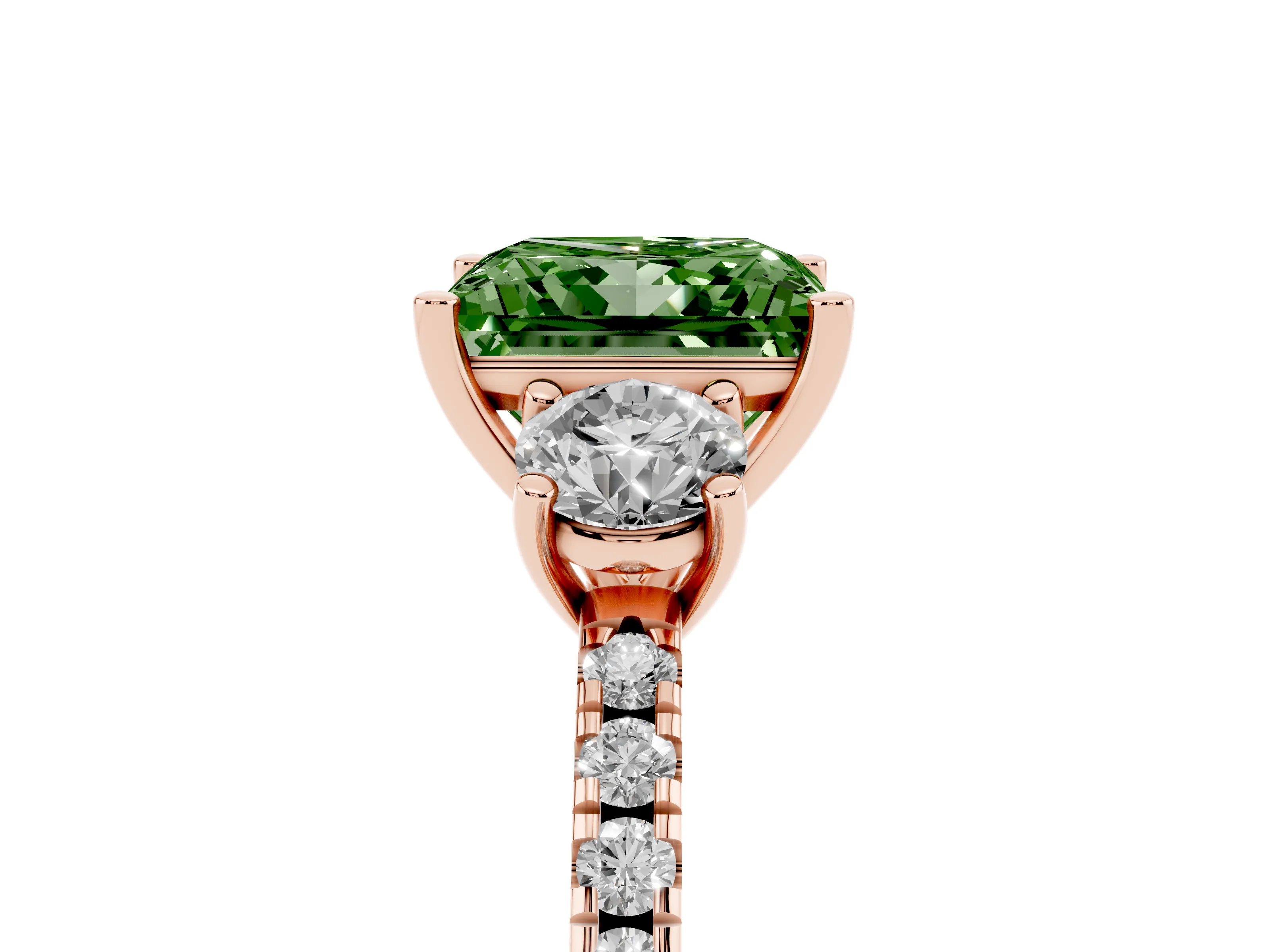 Fancy Green Princess Cut Diamond Three-Stone Ring Set in Rose gold with Pavé Band and Graduated Sides