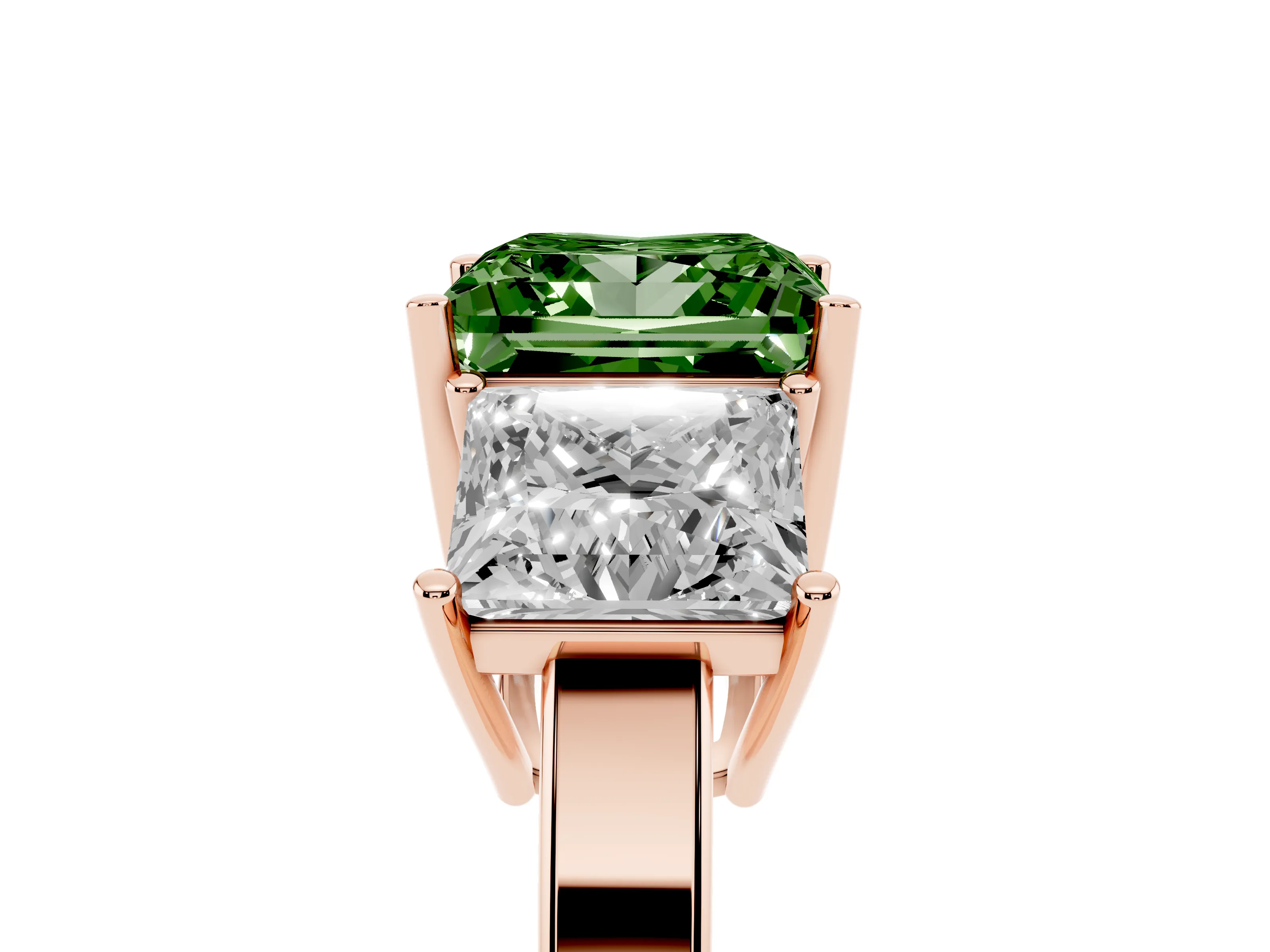 Fancy Green Princess Cut Diamond Three-Stone Engagement Ring Set in Rose gold with Flat Band