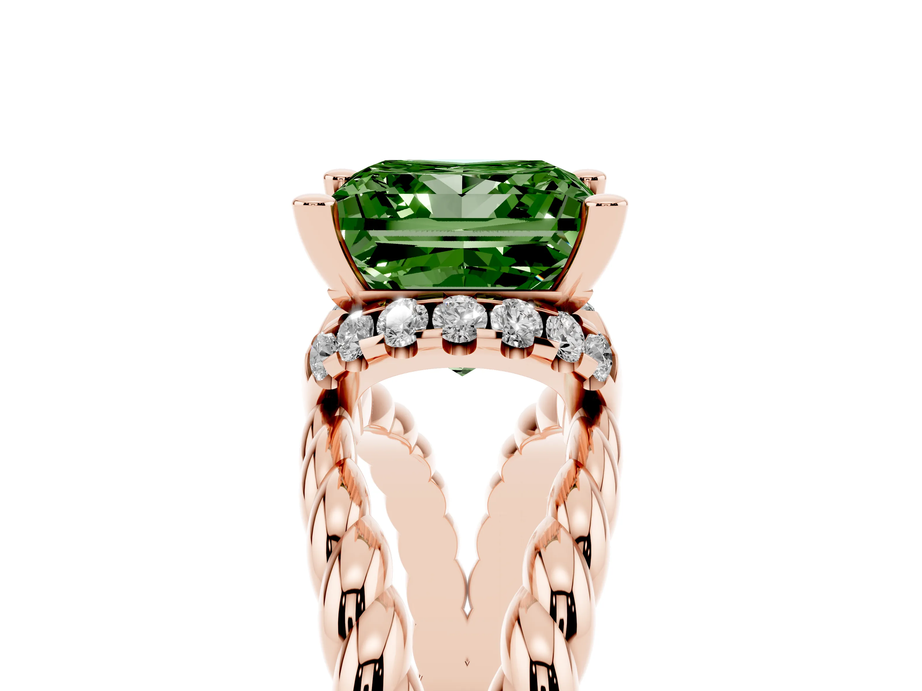 Fancy Green Princess Cut Diamond Halo Ring Set in Rose gold with Twisted Band and Prong Setting