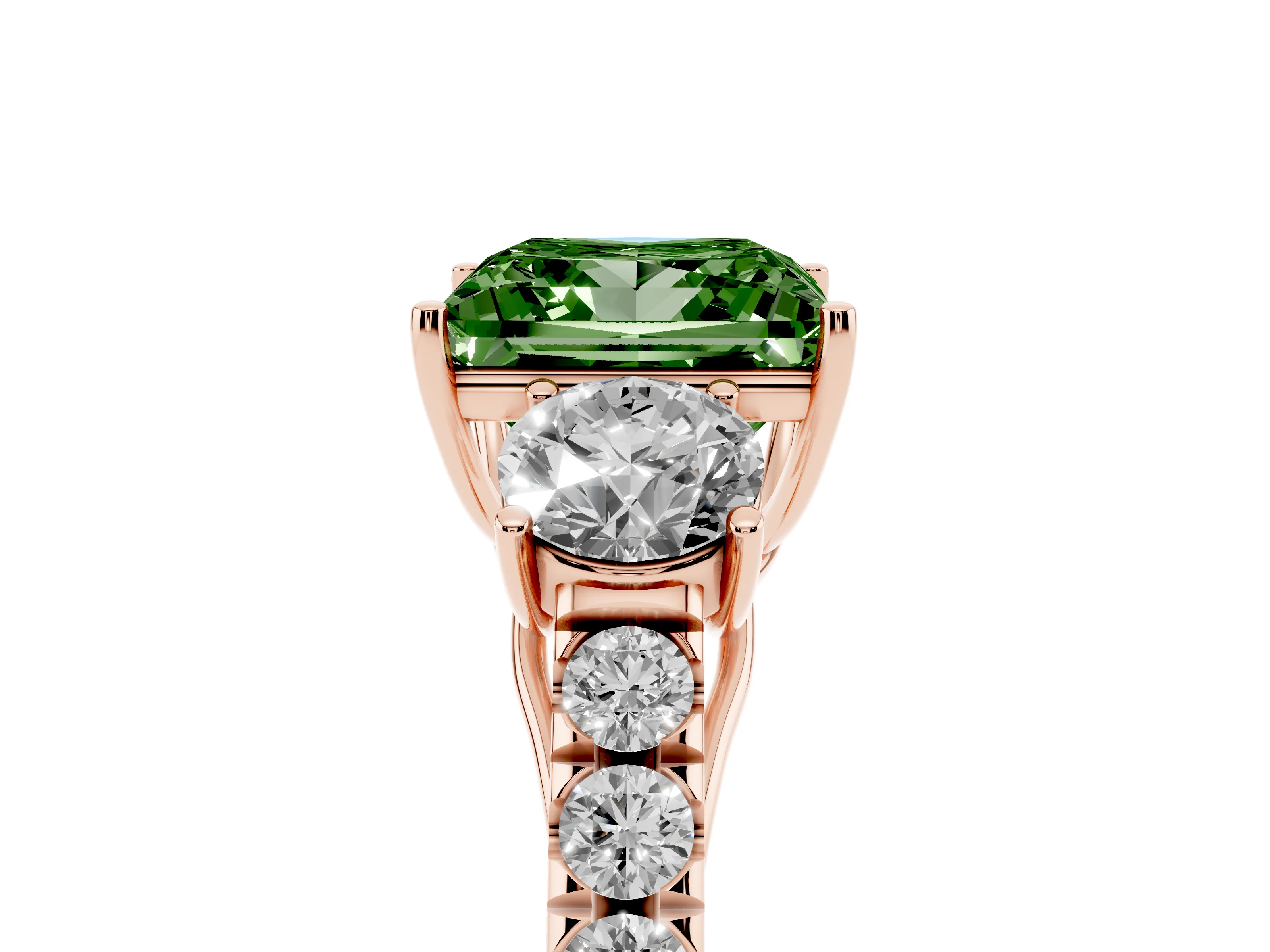 Fancy Green Princess Cut Diamond Three-Stone Ring Set in Rose gold with Round Side Stones and Delicate Pavé Band