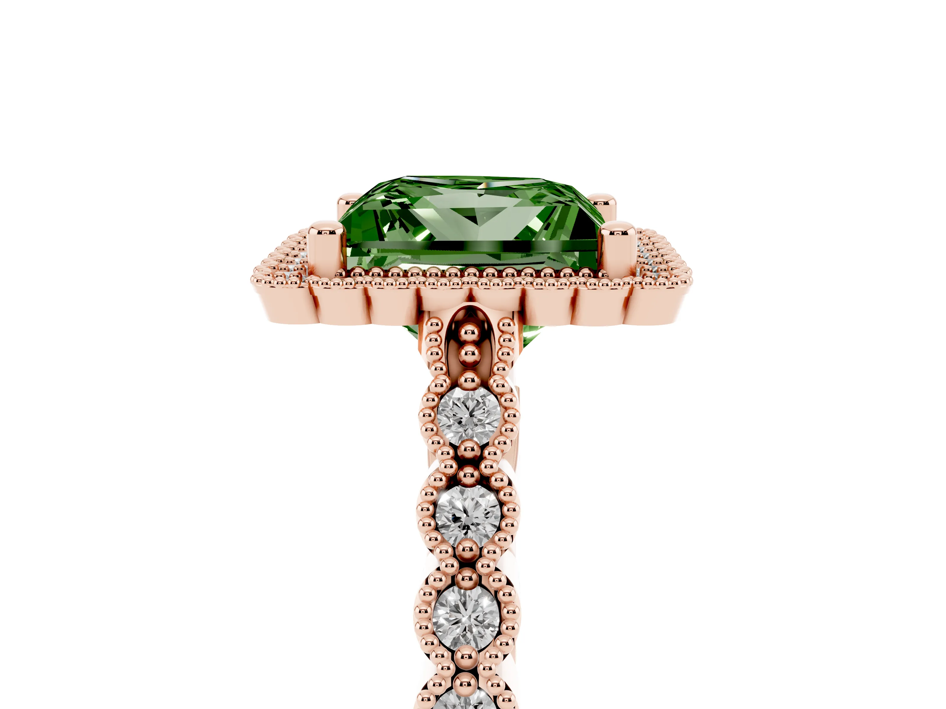 Fancy Green Princess Cut Diamond Halo Ring Set in Rose gold with Pavé Milgrain Band