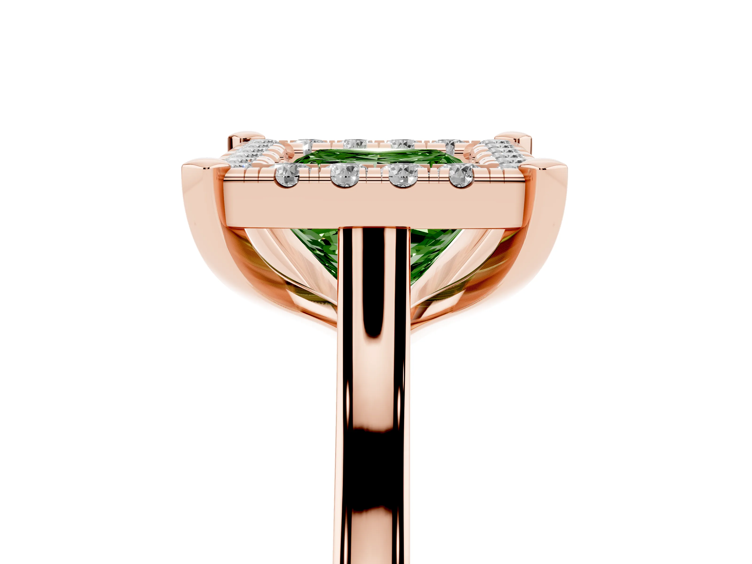 Fancy Green Princess Cut Diamond Cluster Halo Solitaire Ring Set in Rose gold with Prong Setting